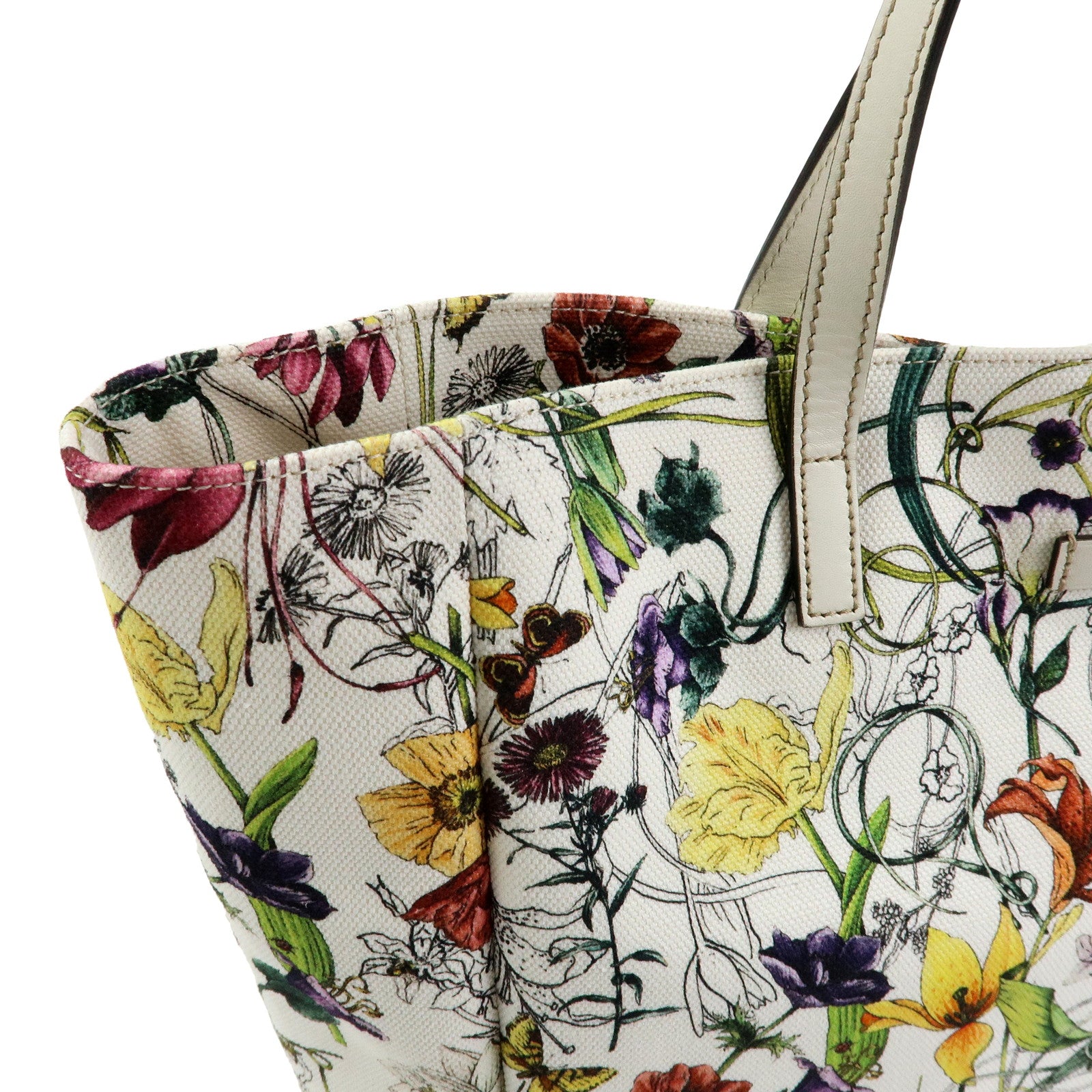 GUCCI Flora Canvas Leather Flower Tote Bag Hand Bag White 282439