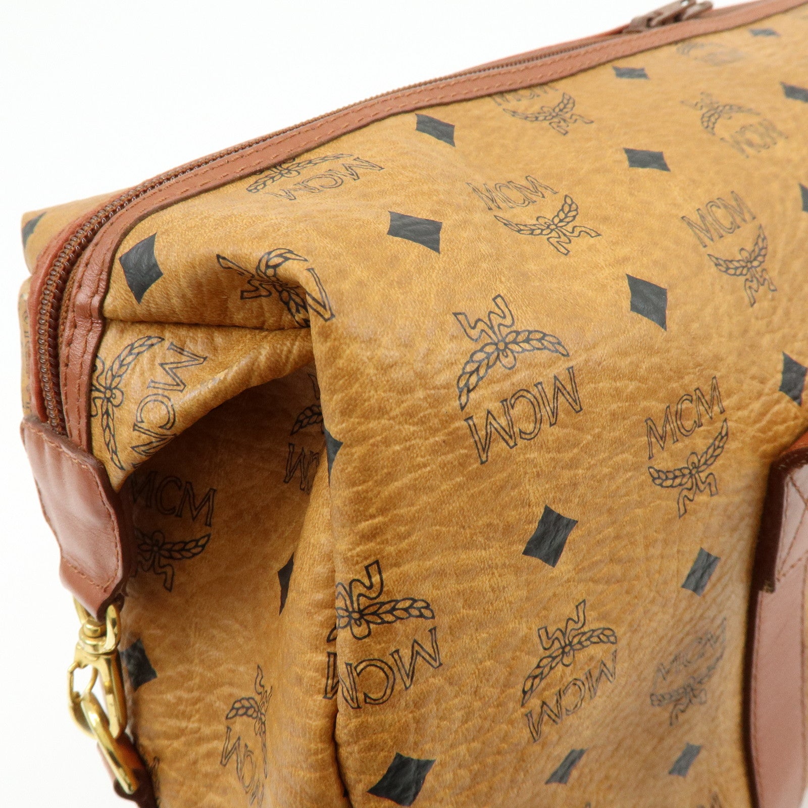 MCM Visetos PVC Leather Tote Bag Boston Bag Hand Bag Cognac Brown