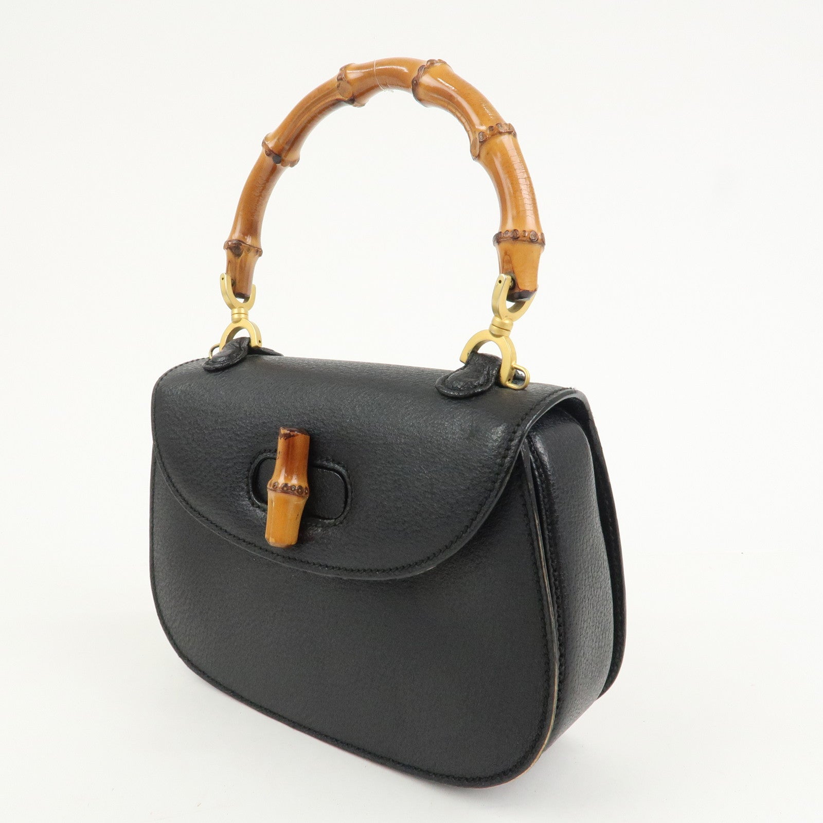 GUCCI Bamboo Leather 2Way Bag Hand Bag Shoulder Bag Black 000・2013