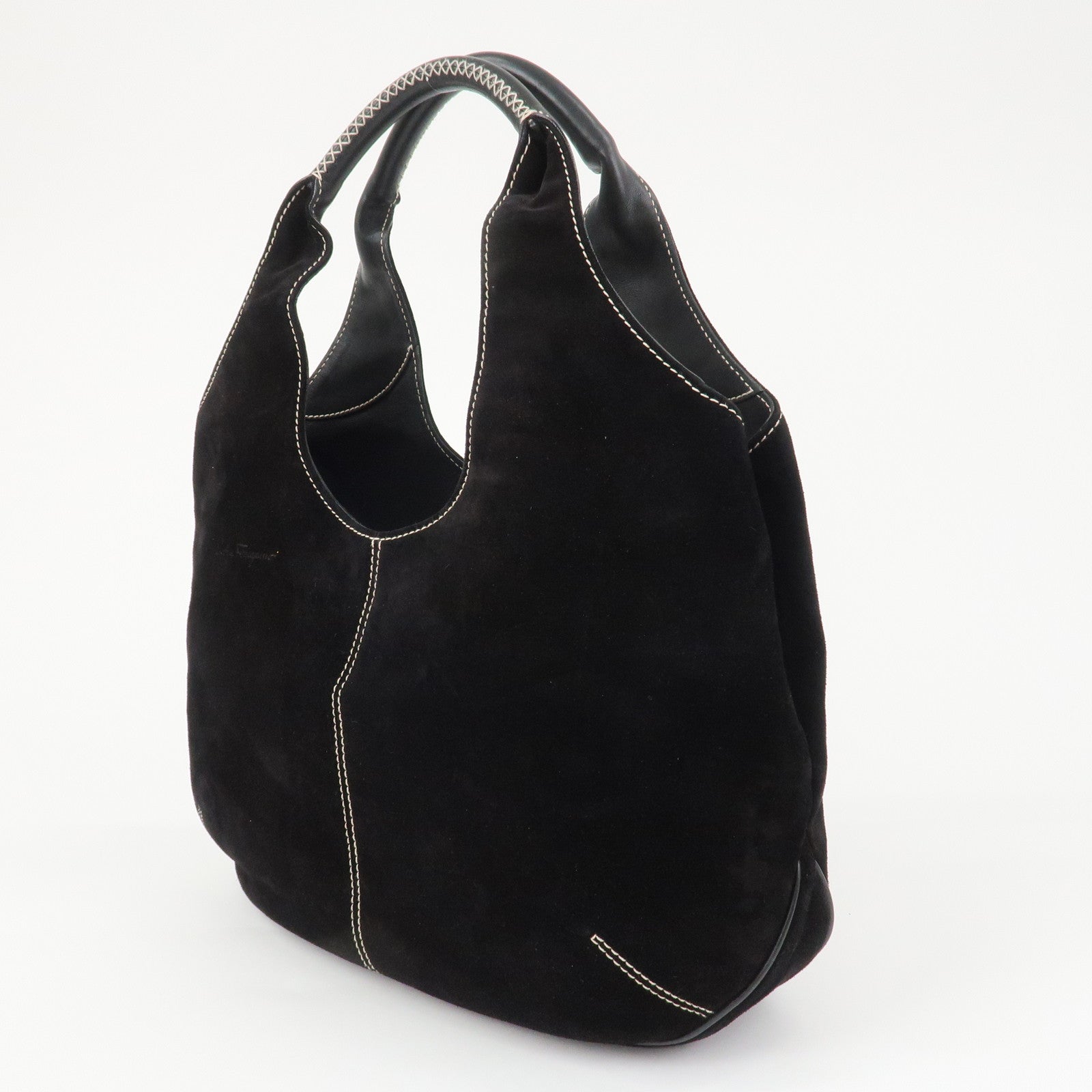 Ferragamo Suede Shoulder Bag Hand Bag Black White