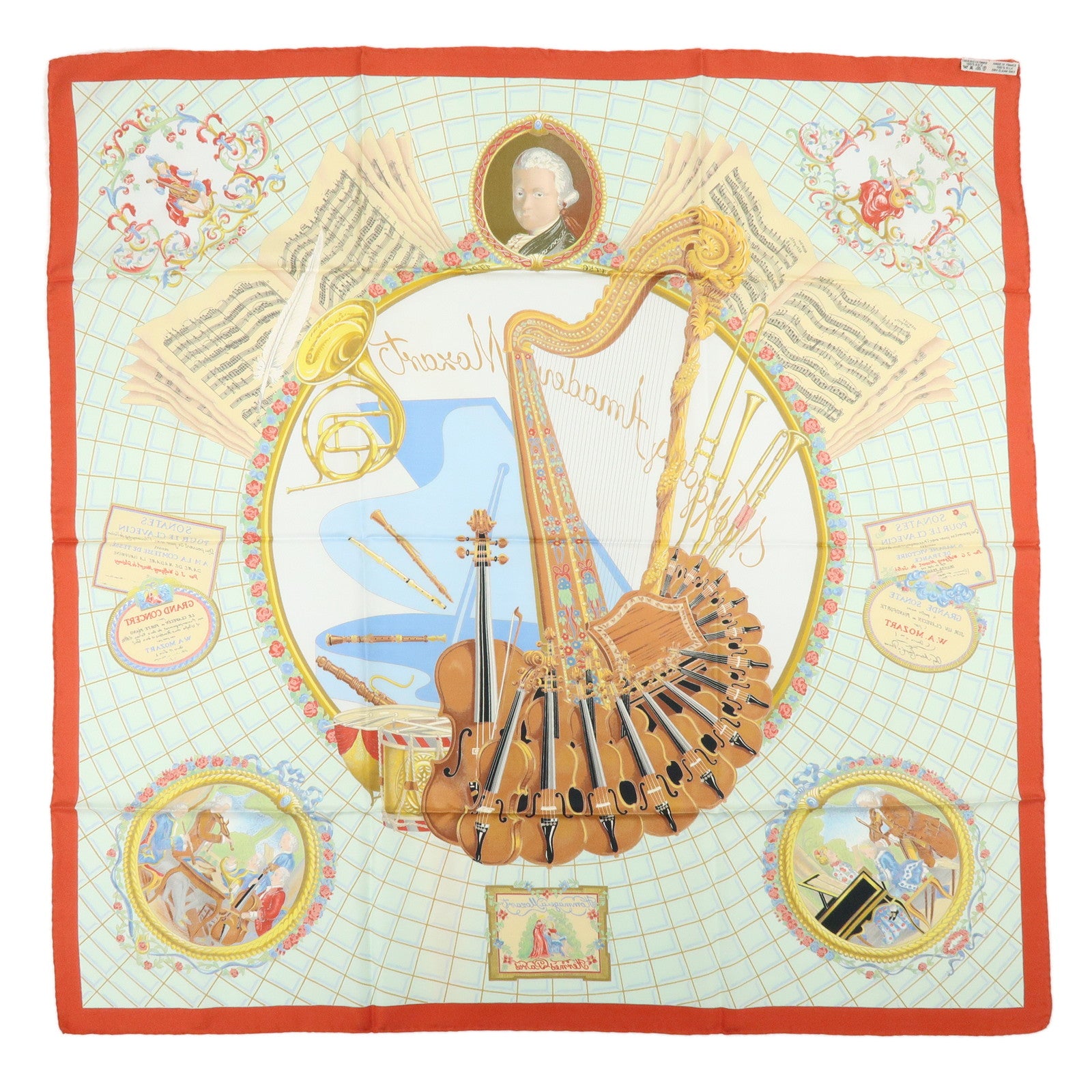 HERMES Carre 90 Silk 100% Scarf Wolfgang Amadeus Mozart Red Brown