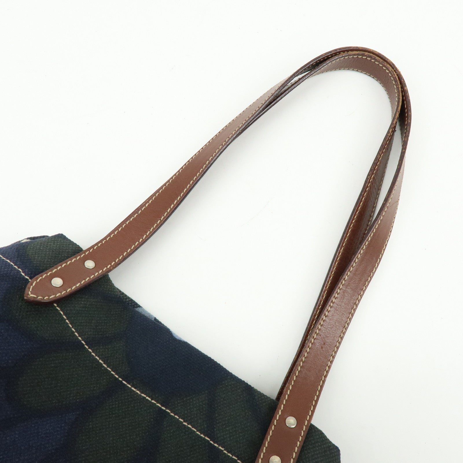 MIU MIU Canvas Leather Tote Bag Shoulder Bag Flower Motif Navy