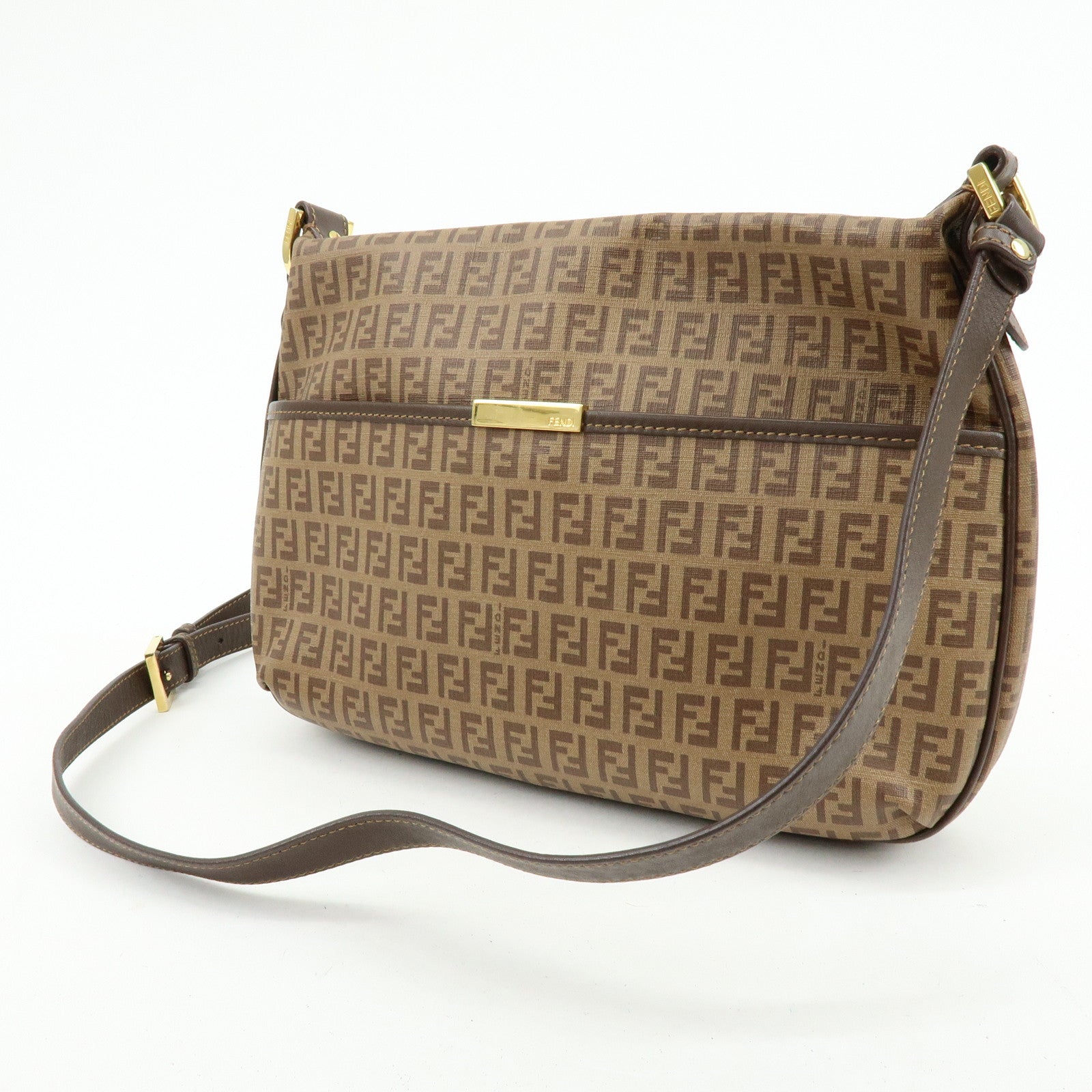 FENDI Zucchino PVC Leather Shoulder Bag Crossbody Bag Brown 8BT206