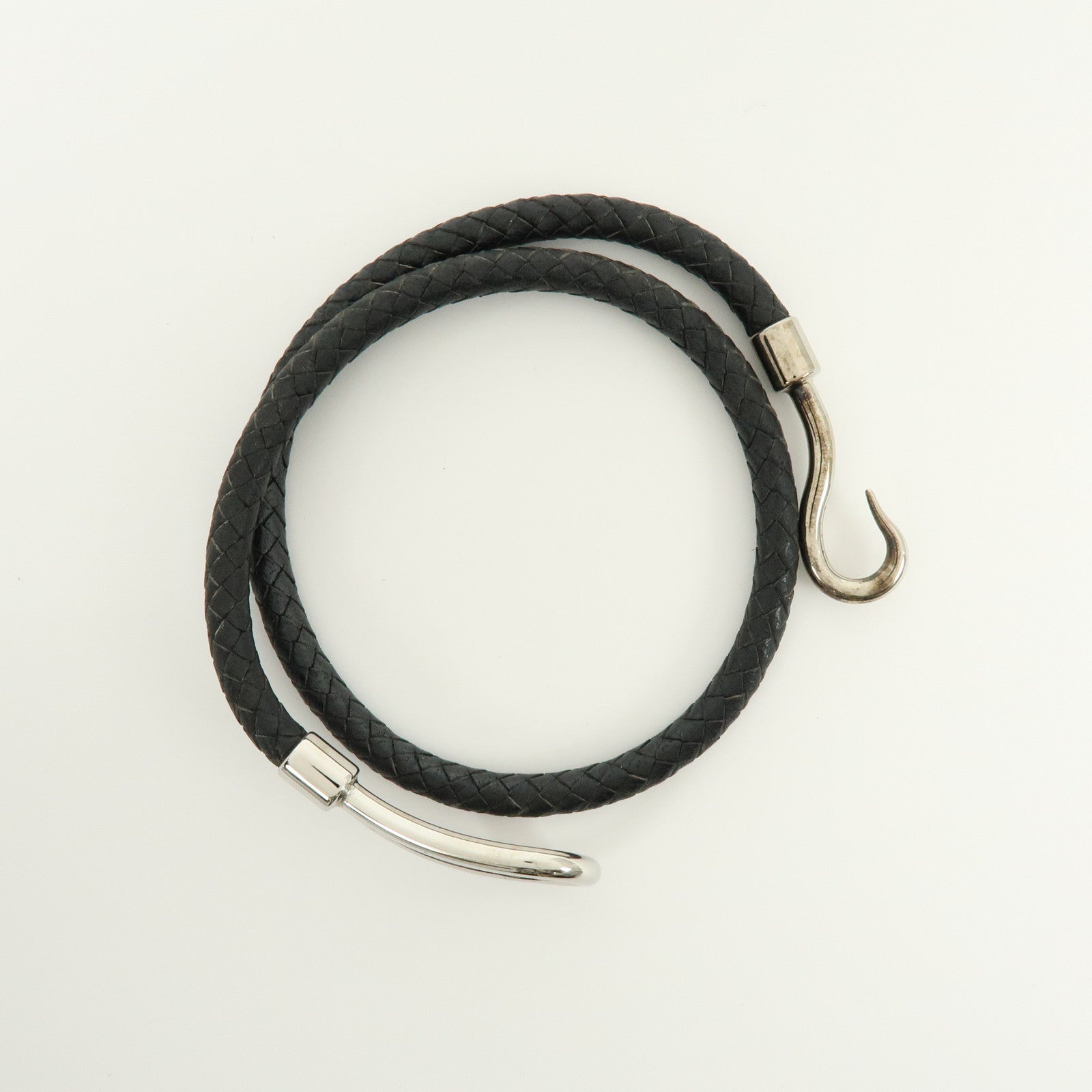 HERMES Jumbo Choker Double Tour Leather Metal Bracelet Black Silver