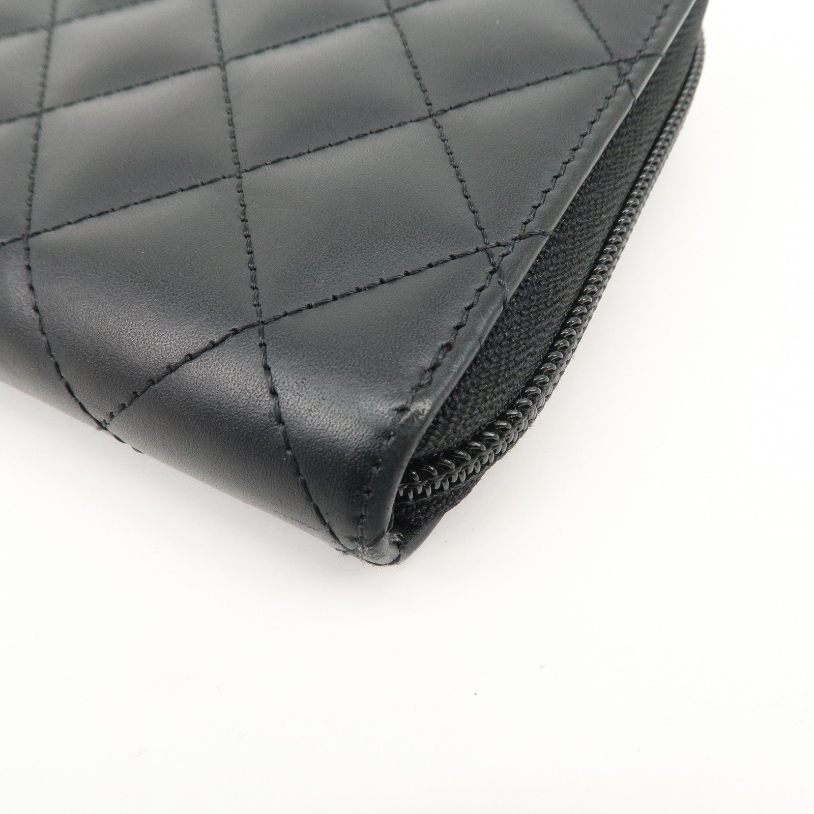 CHANEL Cambon Line Lamb Skin Round Zippy Long Wallet Black A50078 Used