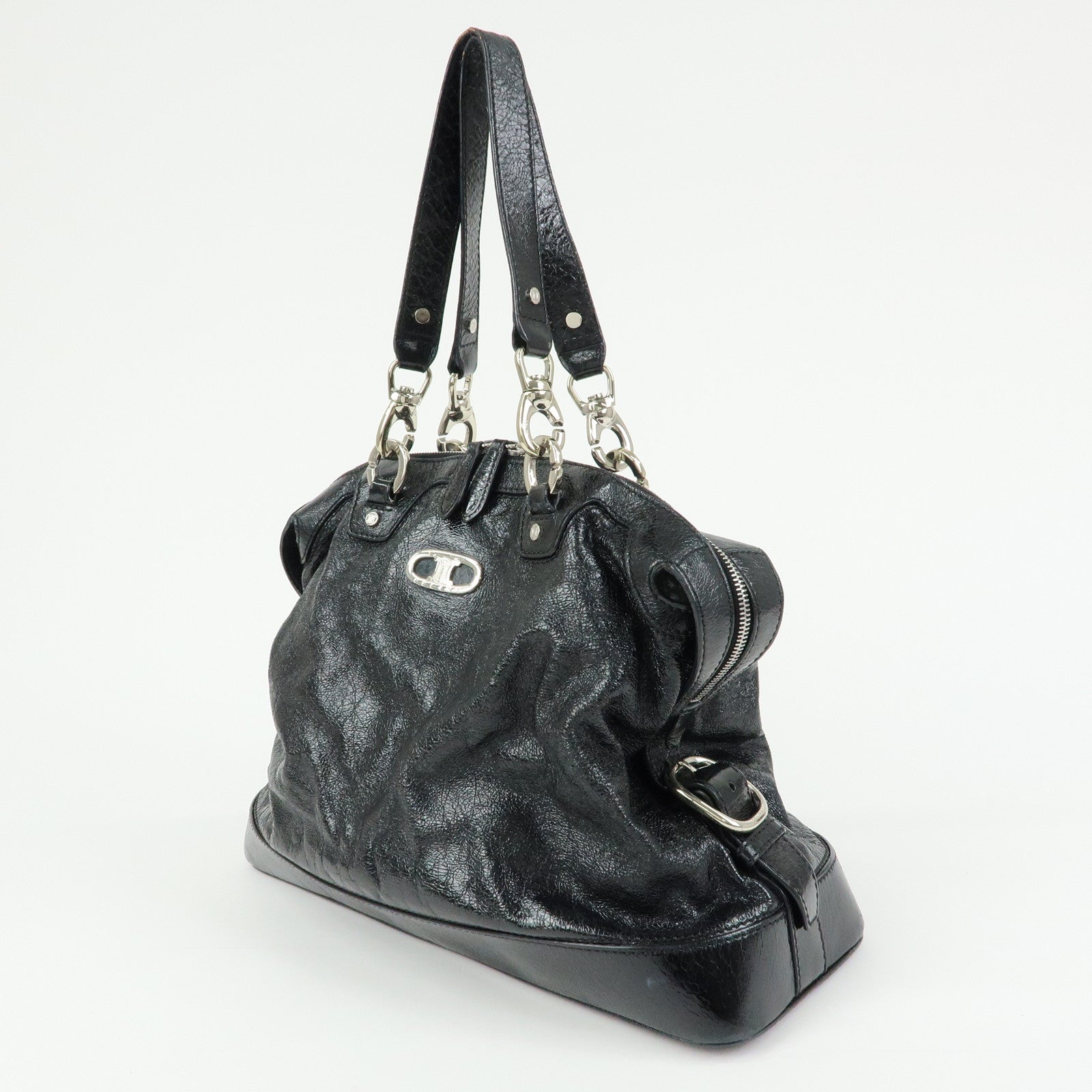 CELINE Patent Leather Macadam Stamped Boston Bag Hand Bag Black