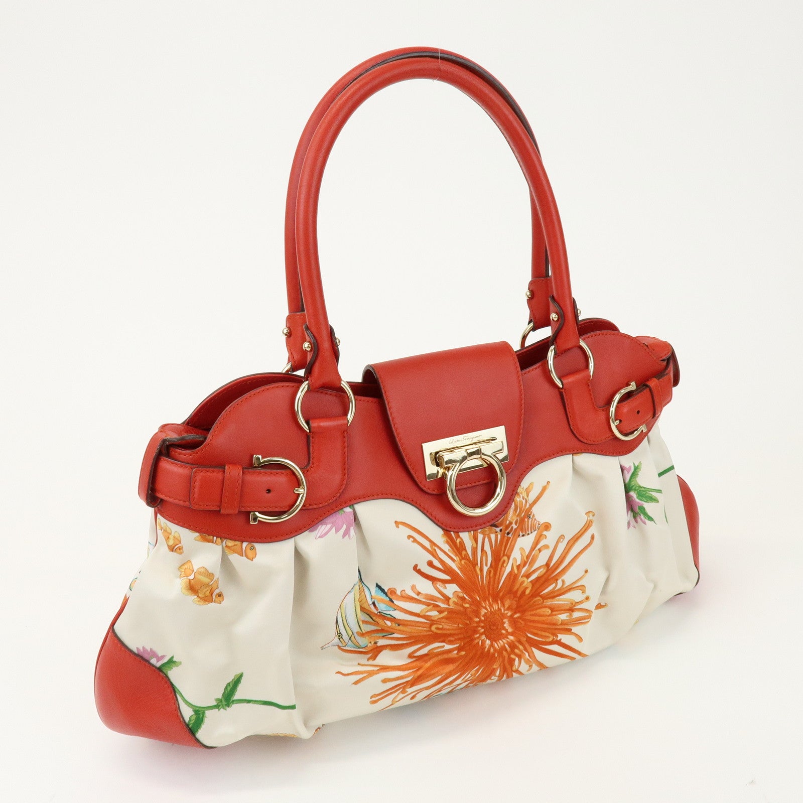 Ferragamo Gancini Logo Satin Leather Shoulder Bag Hand Bag Ivory