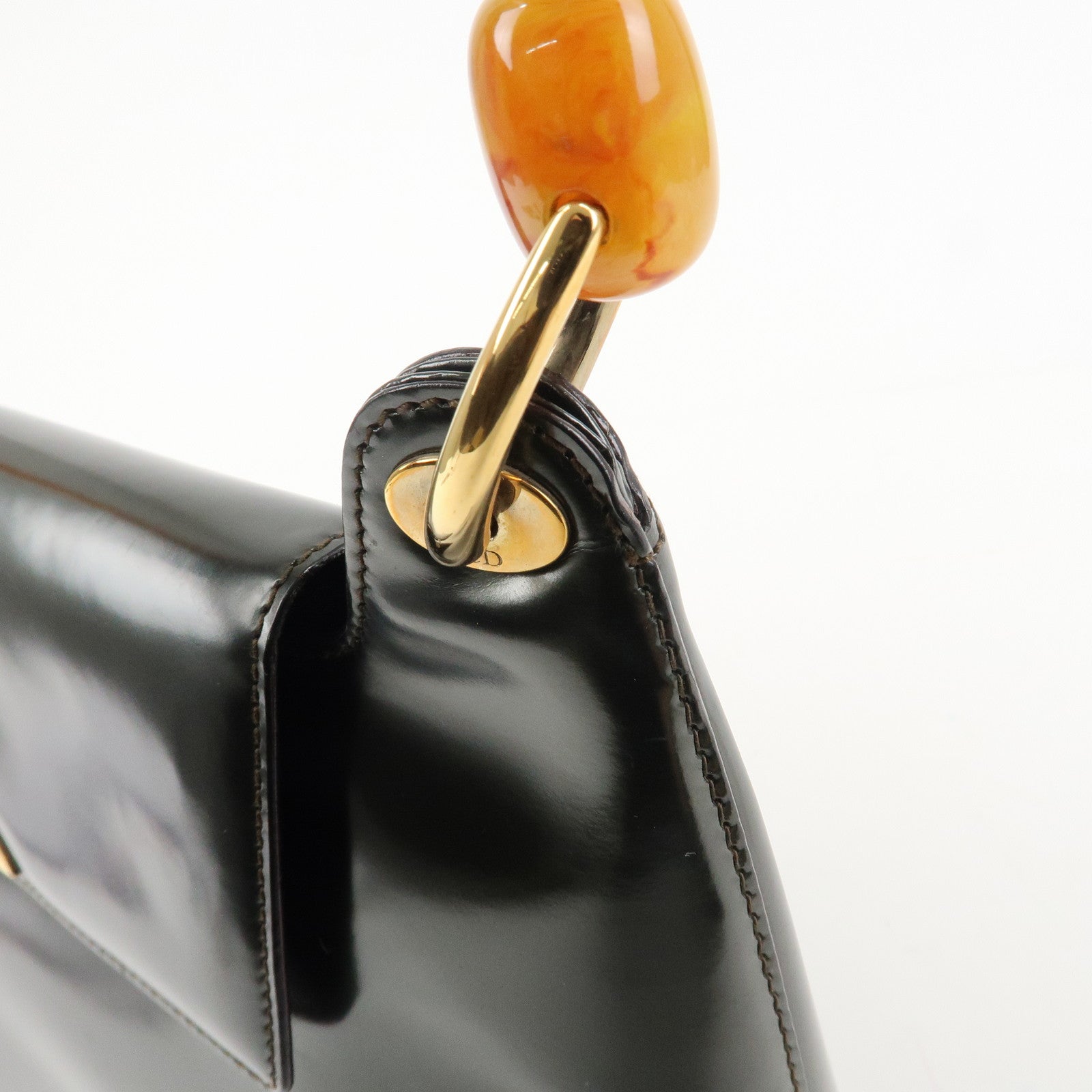 Christian Dior Enamel Leather Maris Pearl Shoulder Bag Hand Bag Khaki Used