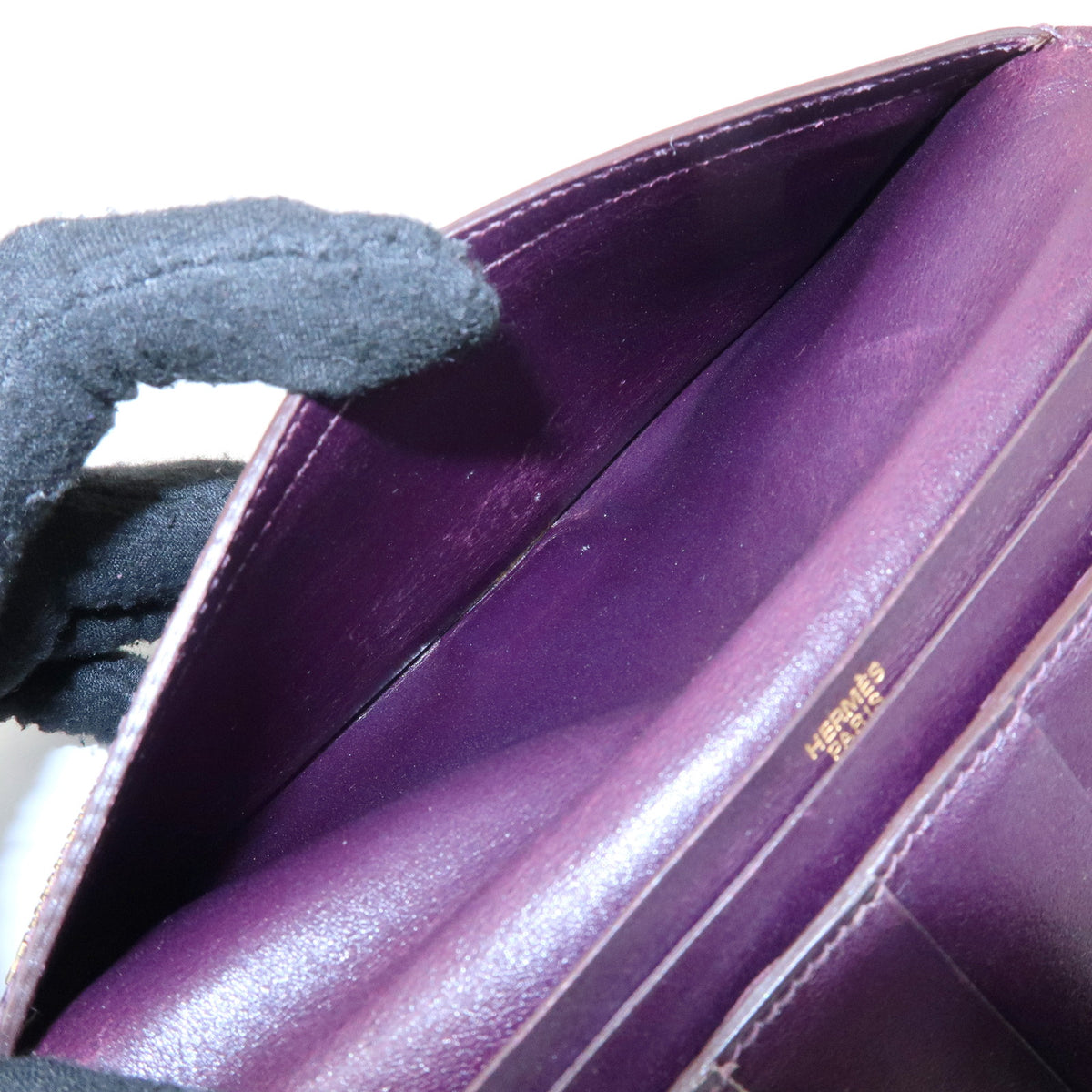 HERMES Bearn Box Calf Leather Bi-fold Long Wallet Purple