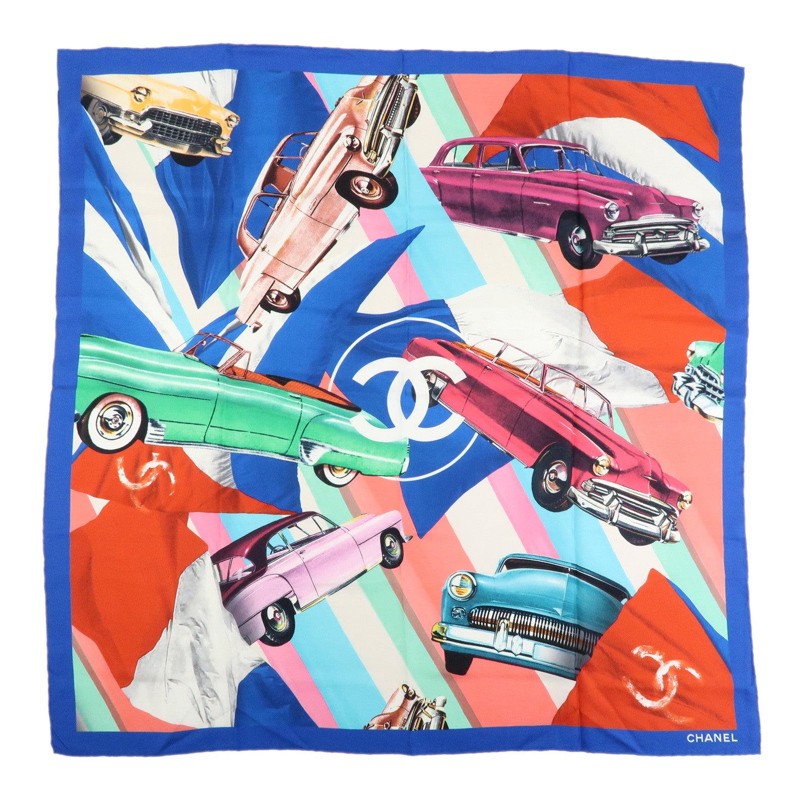 CHANEL Silk 100% Scarf Classic Car Print Blue Pink
