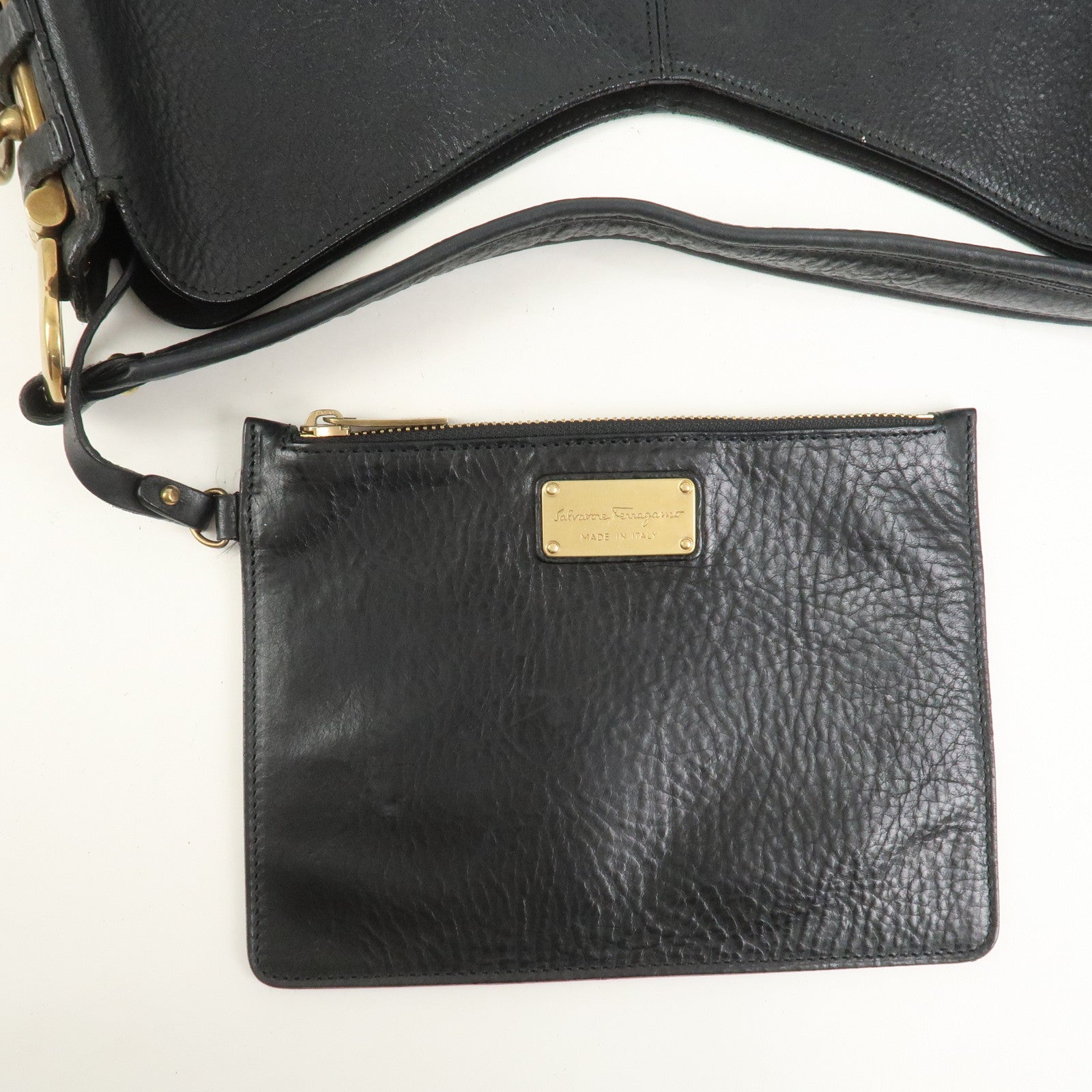 Ferragamo Gancini Calf Leather Shoulder Bag Hand Bag Black