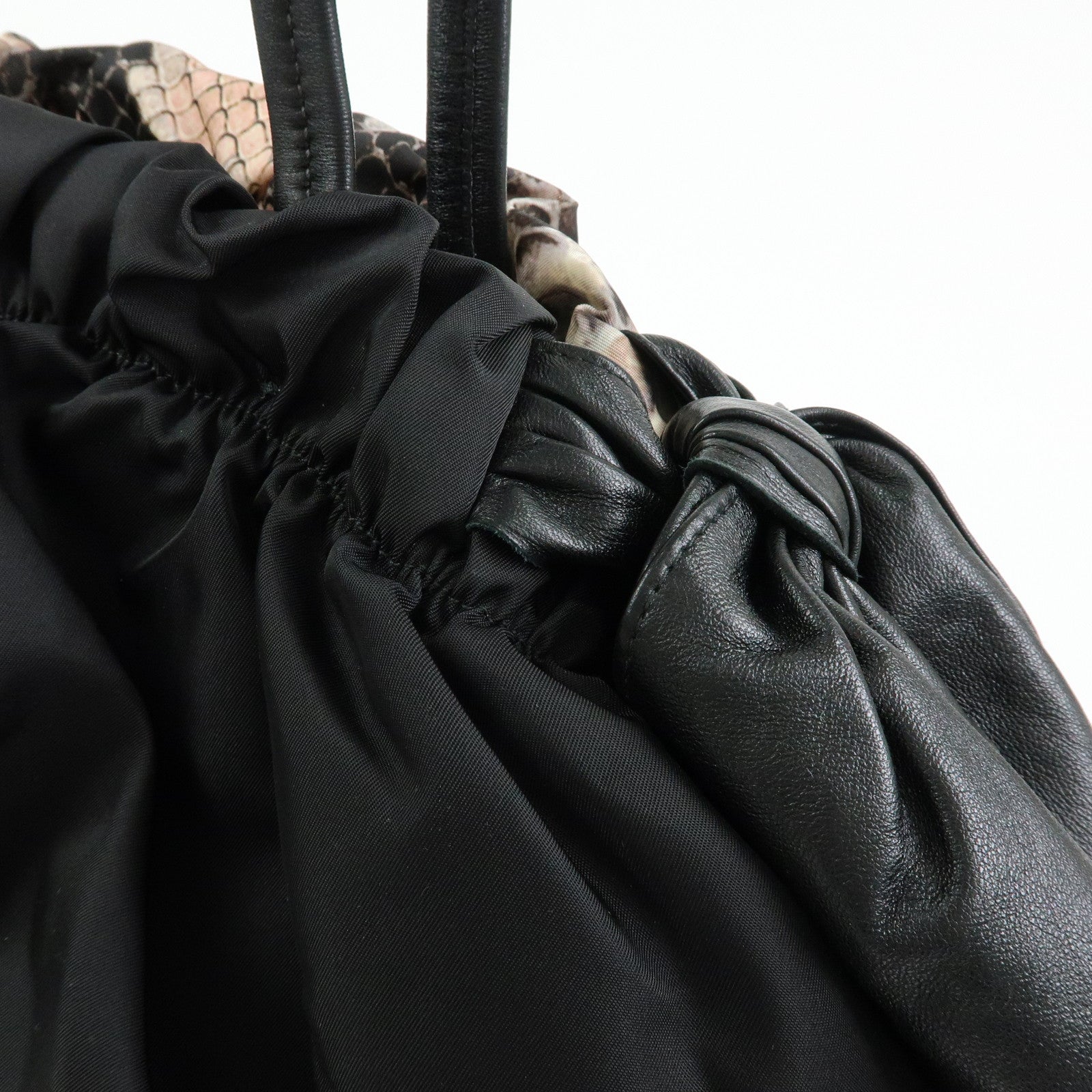 Prada Nylon Leather Ribbon Python Print Tote Bag Black Pink BR4206