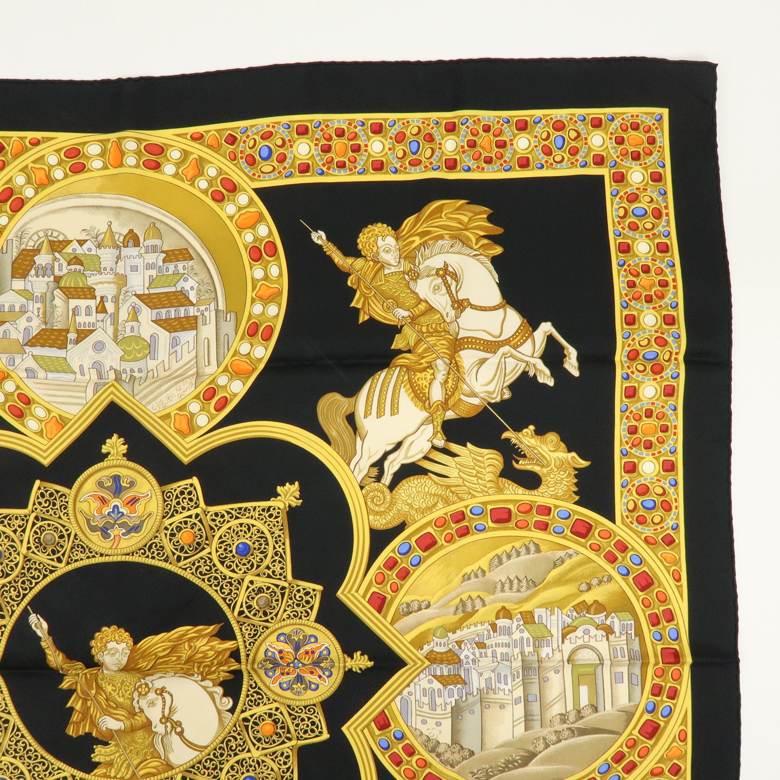 HERMES Carre 90 Silk 100% LE TRIOMPHE DU PALADIN Black Gold