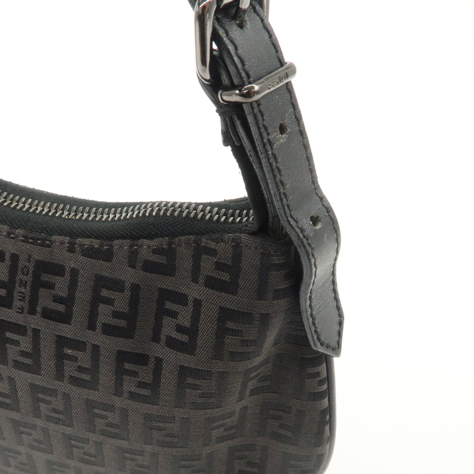 FENDI Zucchino Canvas Leather Shoulder Bag Hand Bag Black 8BR248