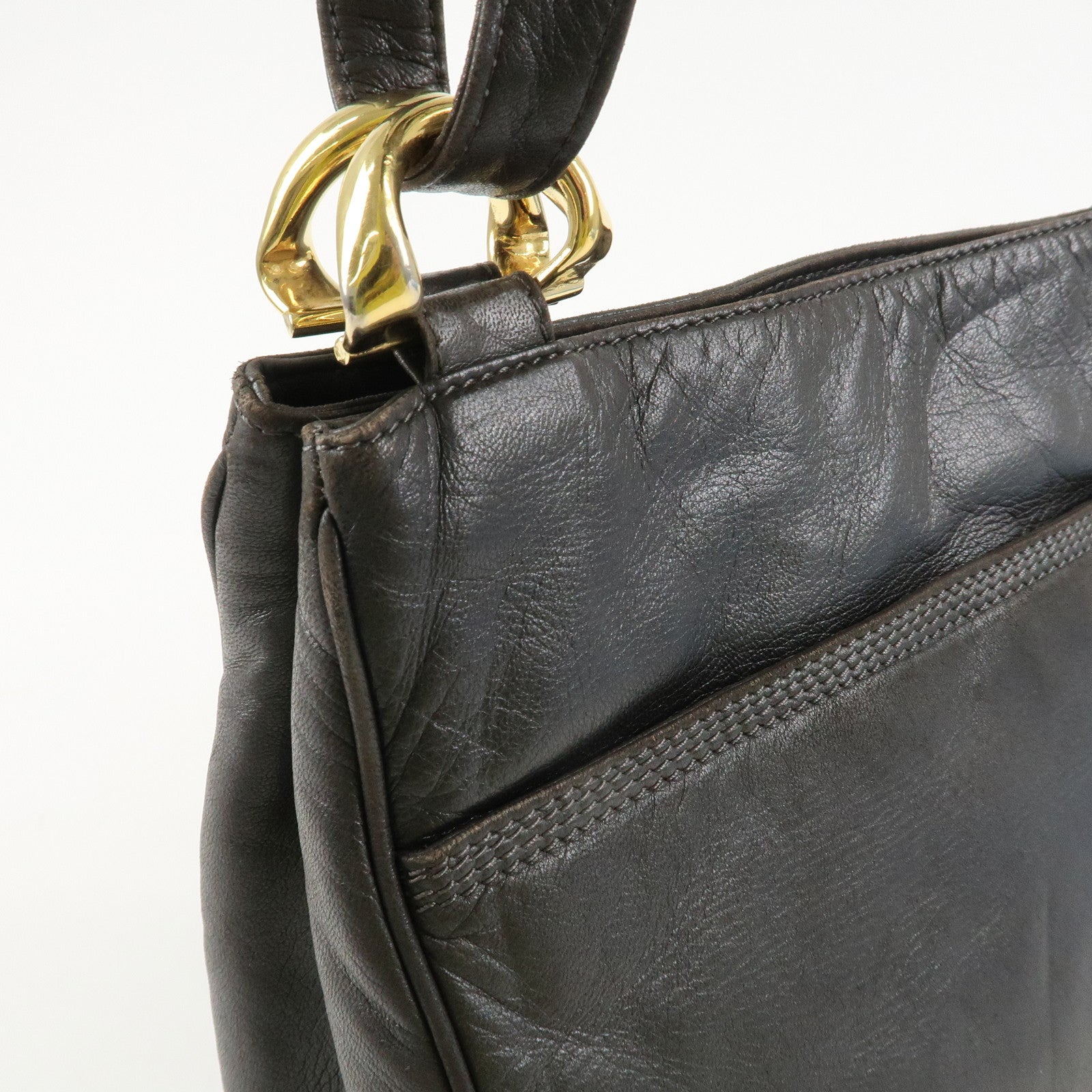 LOEWE Anagram Leather Shoulder Bag Gold Hardware Dark Brown Used