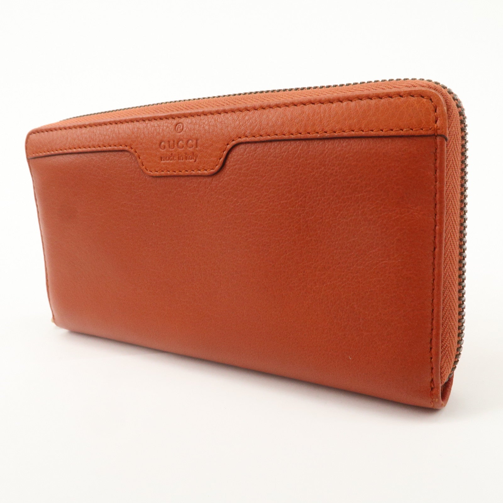 GUCCI Bamboo Leather Long Round Zippy Wallet Orange 339178 Used