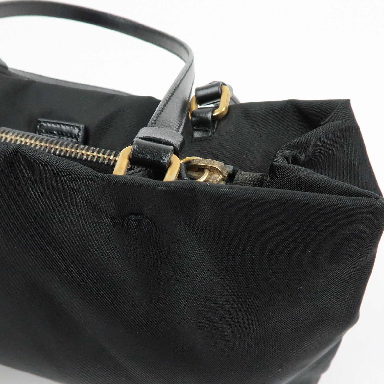 PRADA Triangle Logo Nylon Leather Tote Bag Hand Shoulder Bag Black