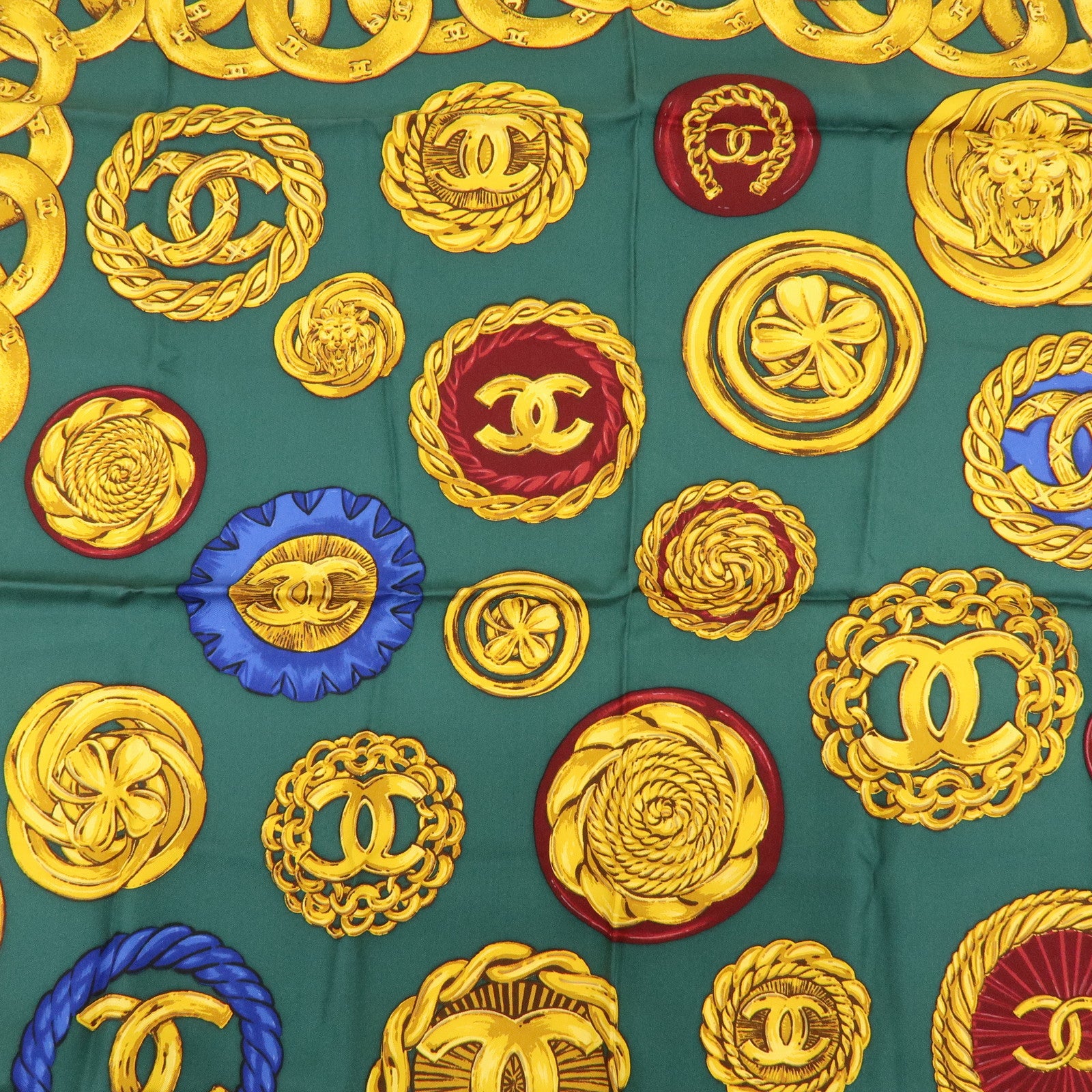 CHANEL Logo Silk 100% Medallion & Chain Print Scarf Moss Green Gold