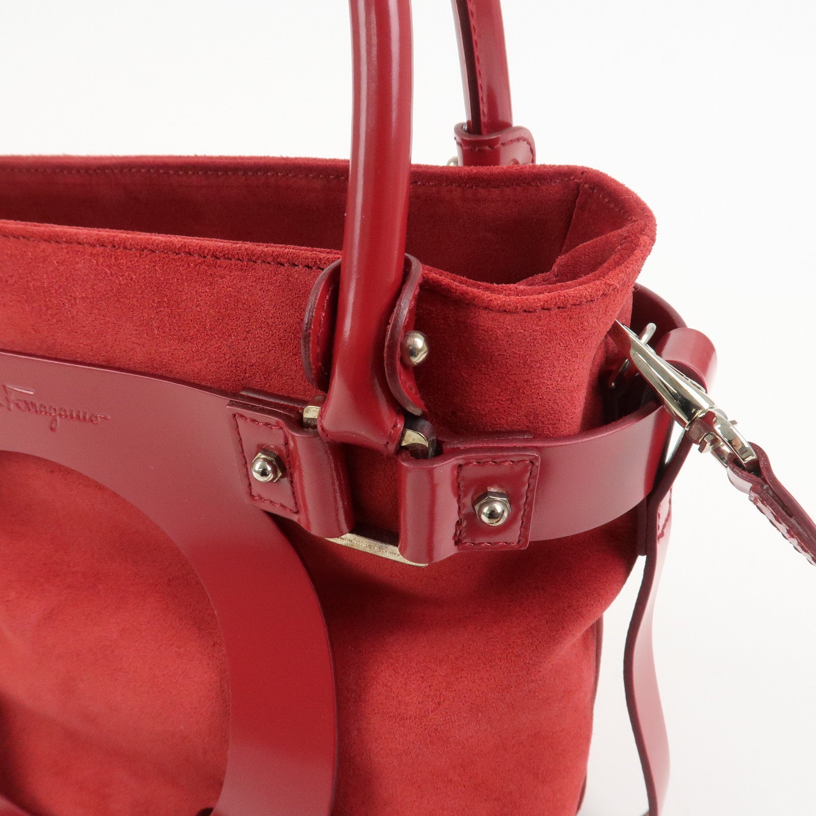 Ferragamo Gancini Suede Leather 2Way Bag Hand Bag Shoulder Bag Red