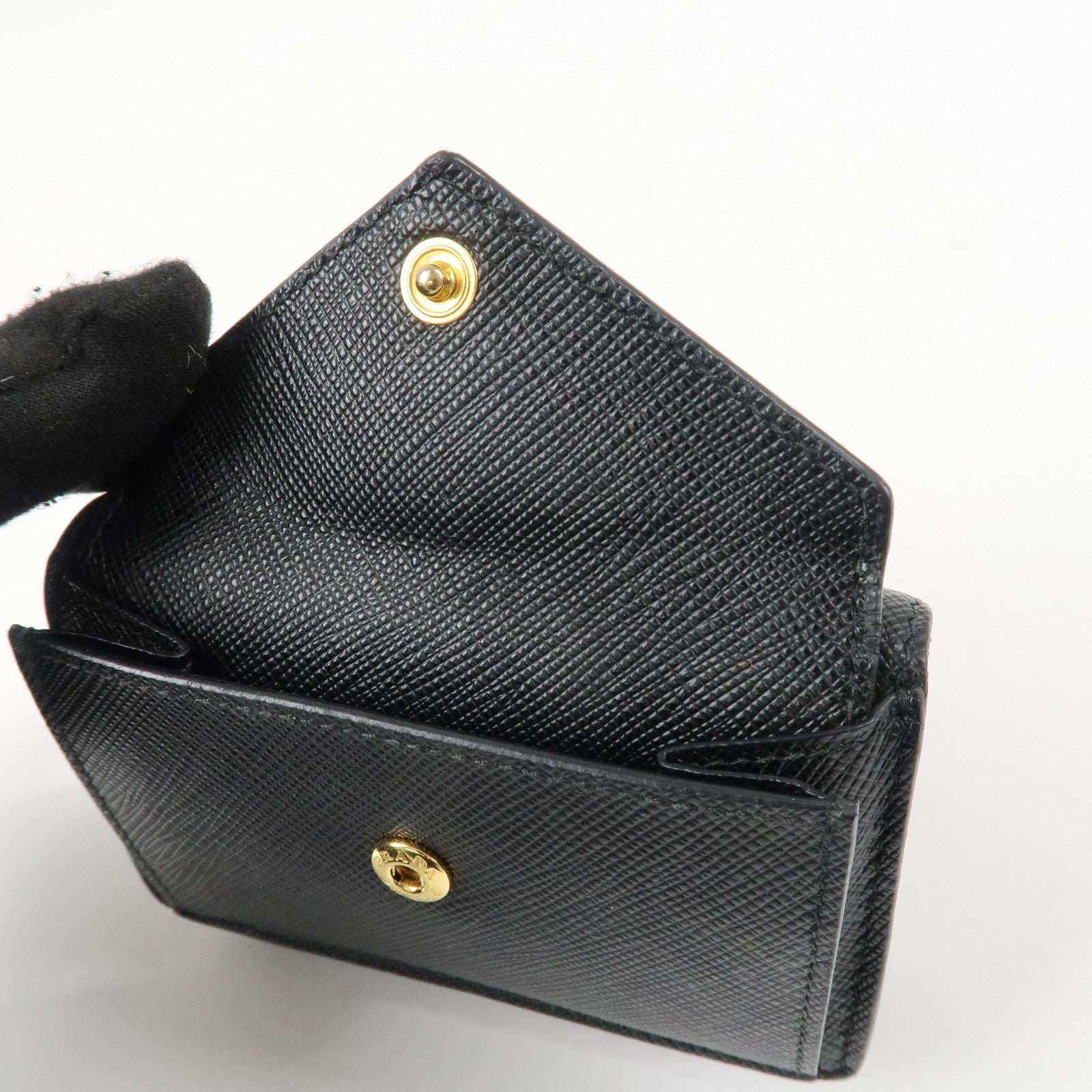 PRADA Saffiano Leather Tri-fold Wallet Black Gold Hardware 1MH021 Used