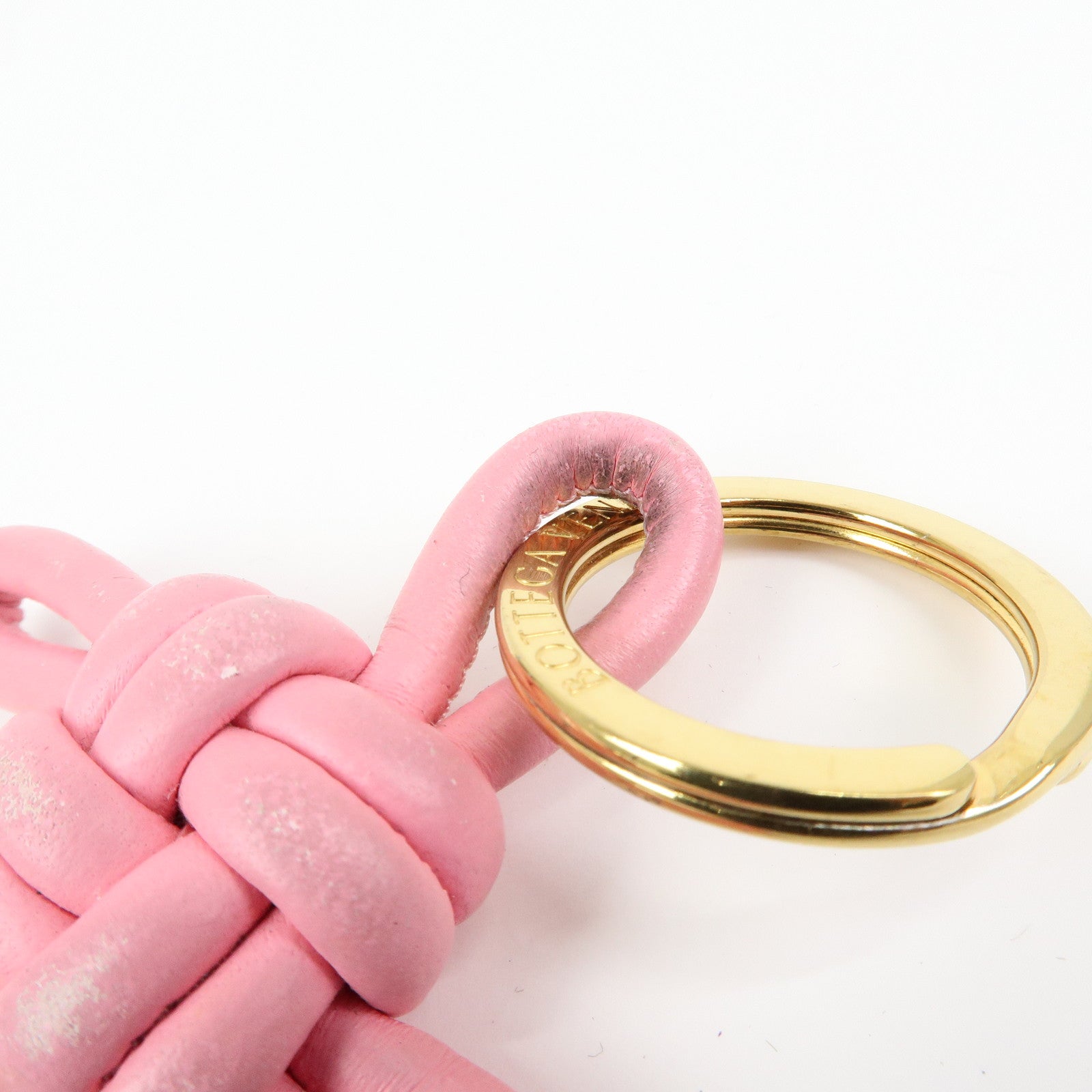 BOTTEGA VENETA Leather Metal Bag Charm Key Chain Gold Pink