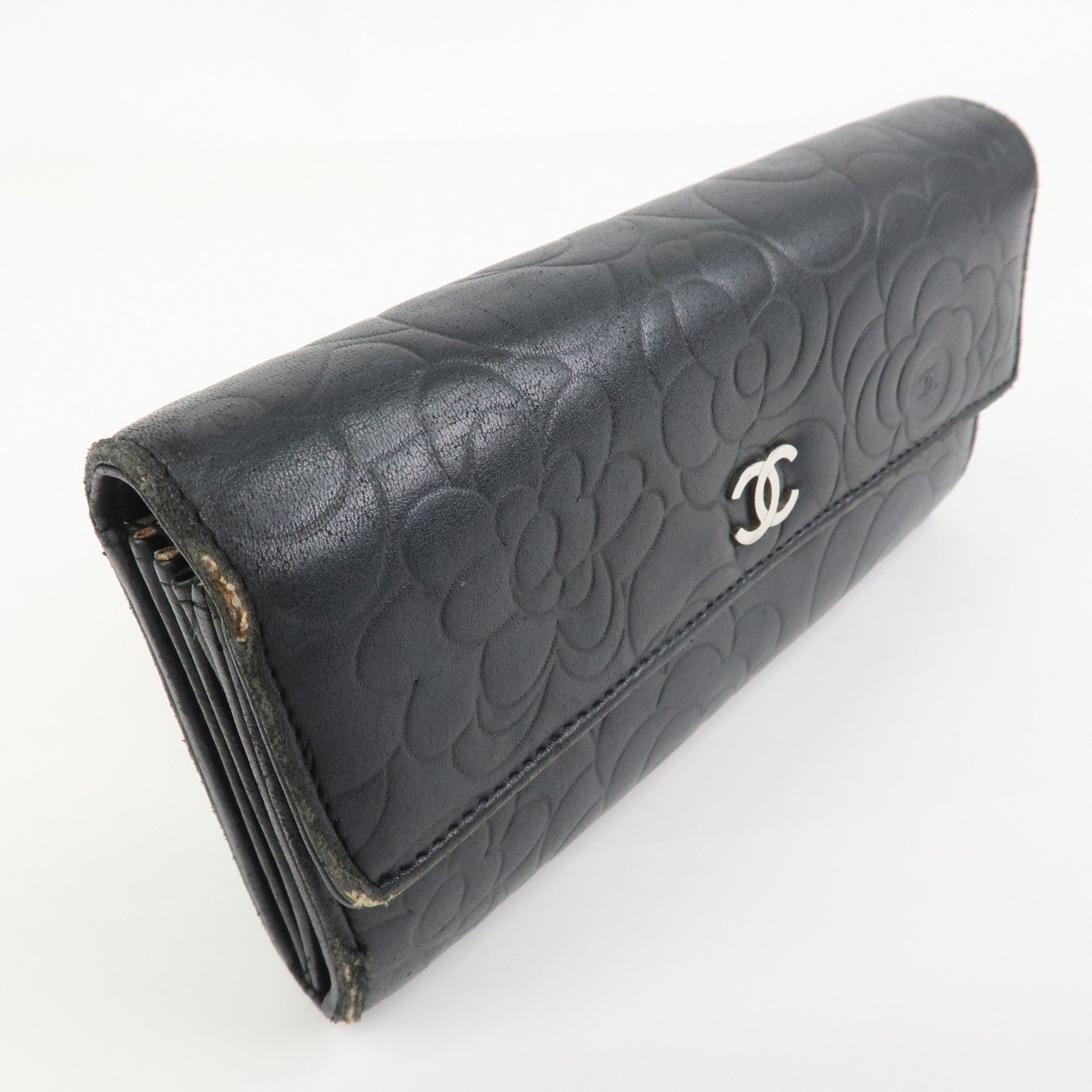 CHANEL Camellia Lambskin Long Wallet Black Silver