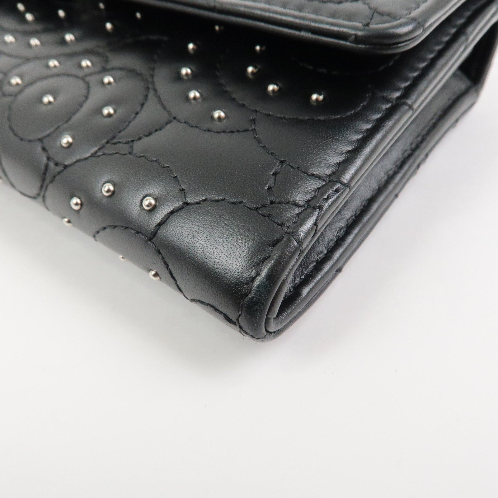 CHANEL Camellia Leather Long Wallet Black Silver Studs A82283
