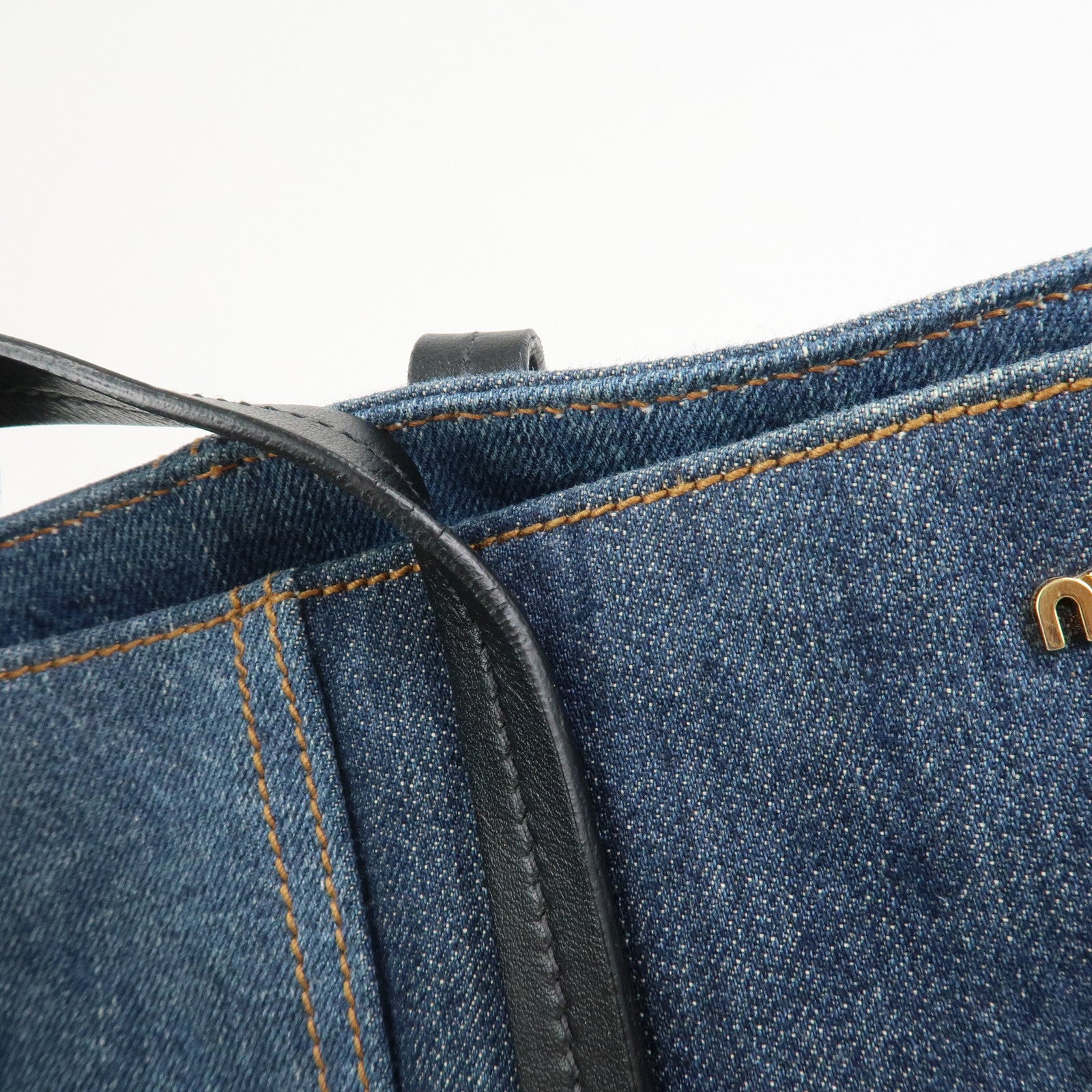 MIU MIU Denim Leather Tote Bag Shoulder Bag Navy 5BG024
