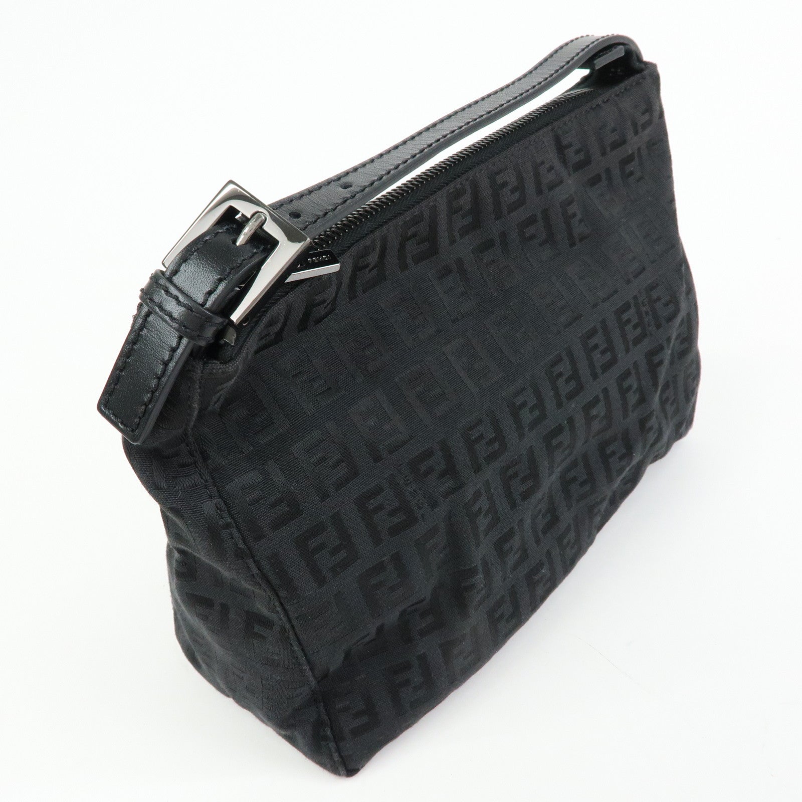 FENDI Zucchino Canvas Leather Hand Bag Pouch Black 8N0005