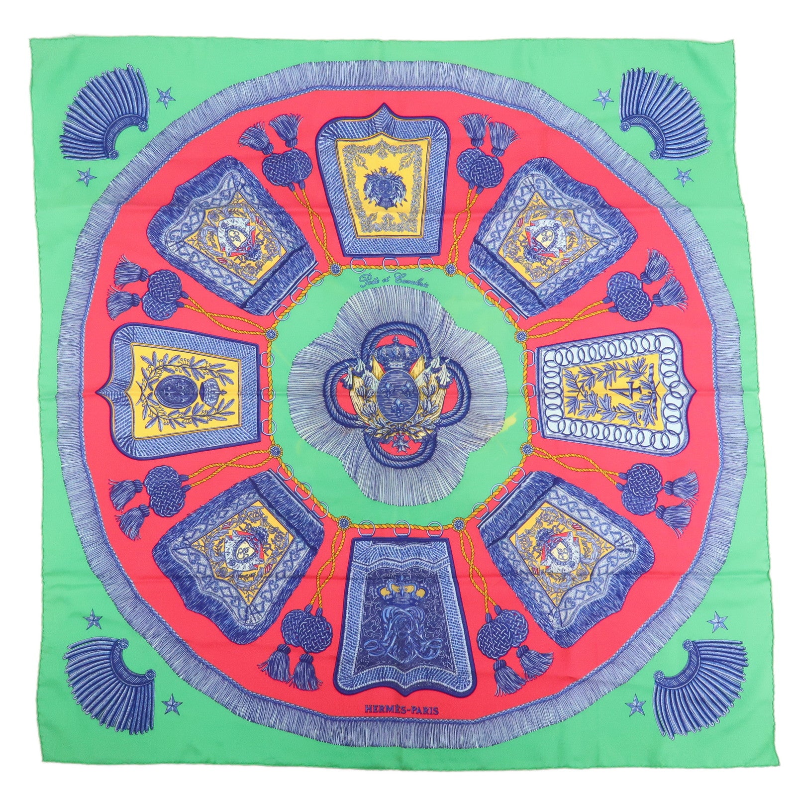 HERMES Carre 90 Silk 100% Scarf Poste et Cavalerie Green Red Blue