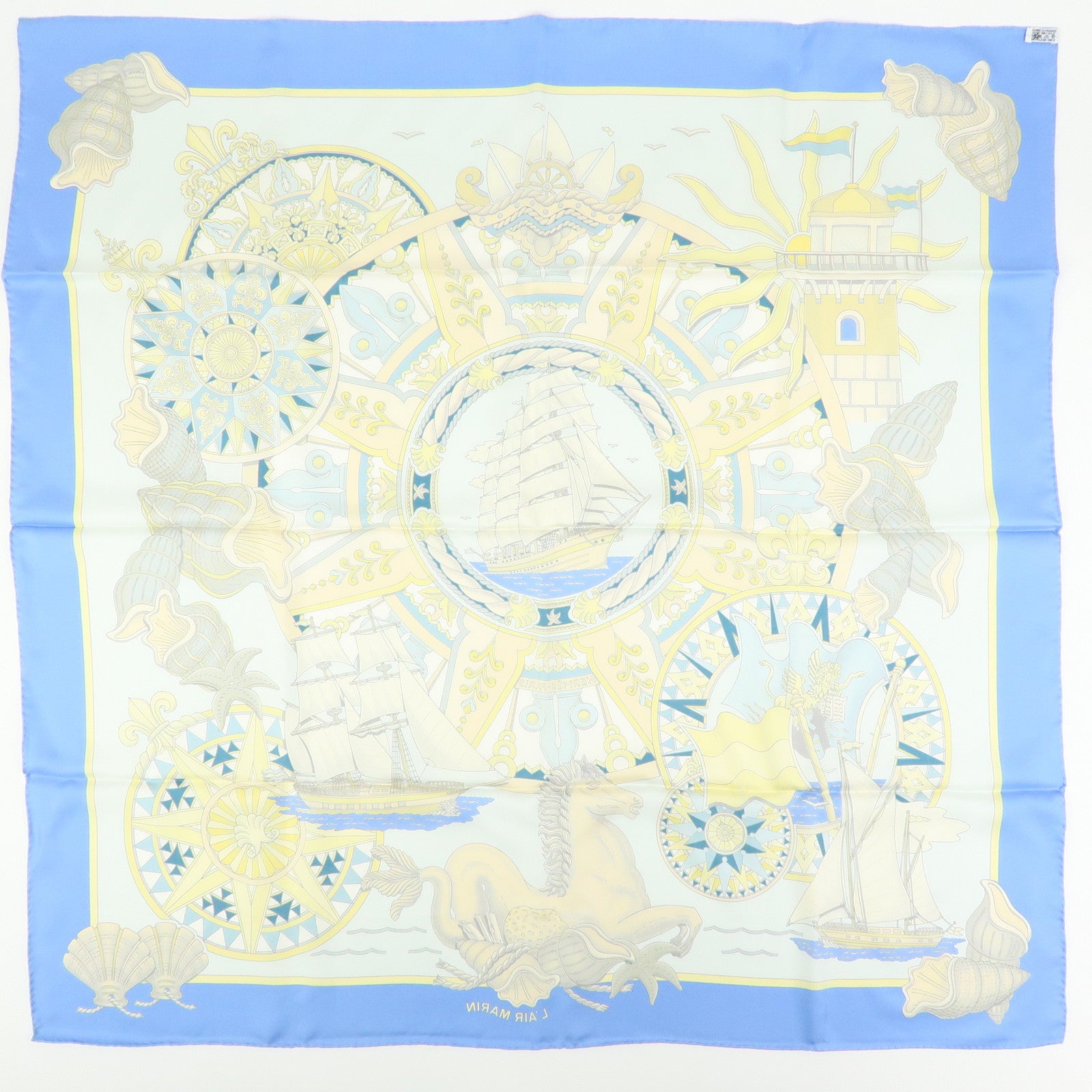 HERMES Carre 90 Silk 100% Scarf L'AIR MARIN Ship Print Blue Ivory