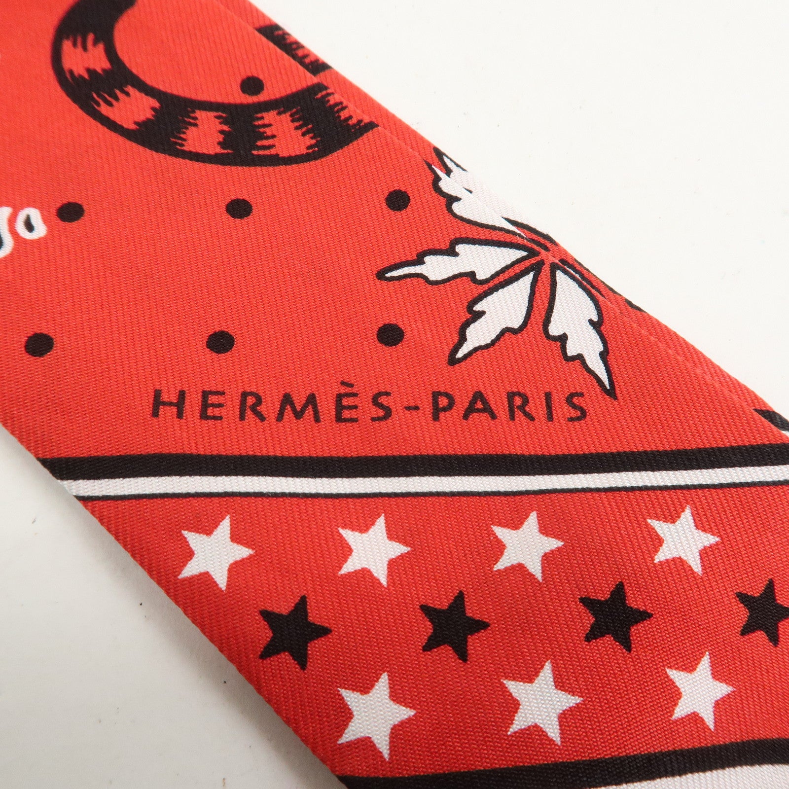 HERMES Twilly Silk 100% Scarf LES LEOPARDS Red Black White