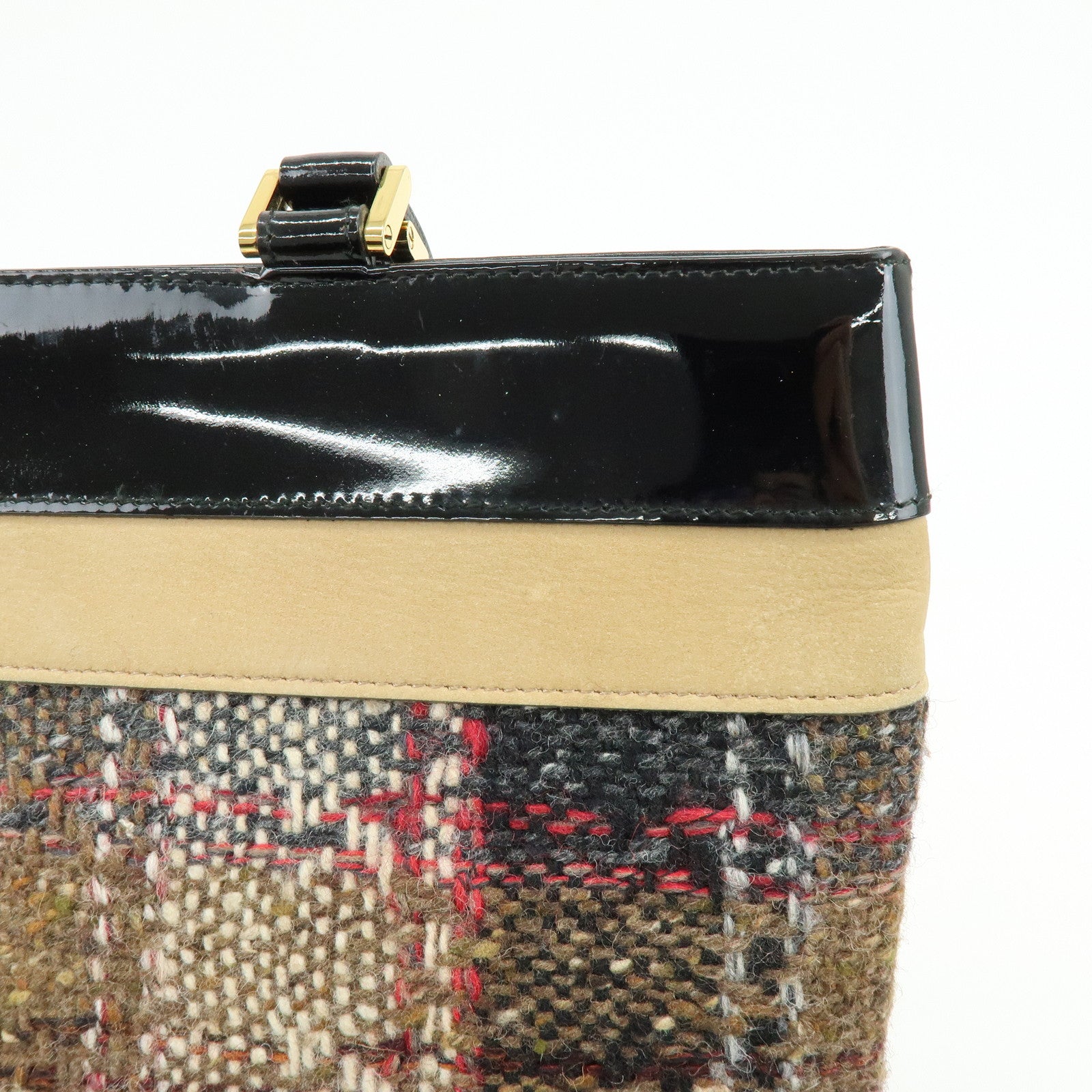 BURBERRY Tweed Patend leaether Suede Tote Bag Beige Black