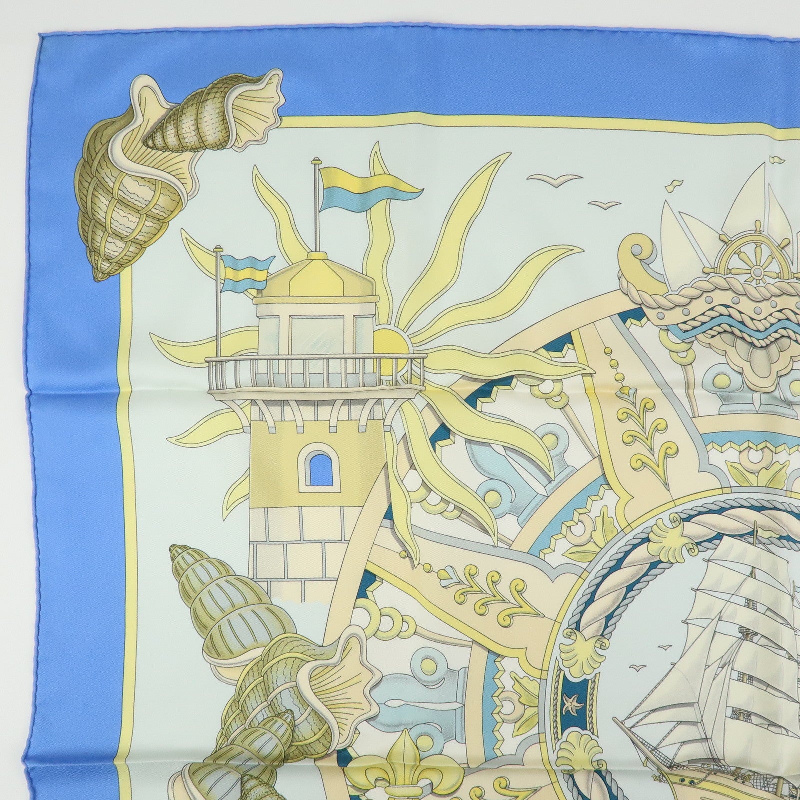 HERMES Carre 90 Silk 100% Scarf L'AIR MARIN Ship Print Blue Ivory