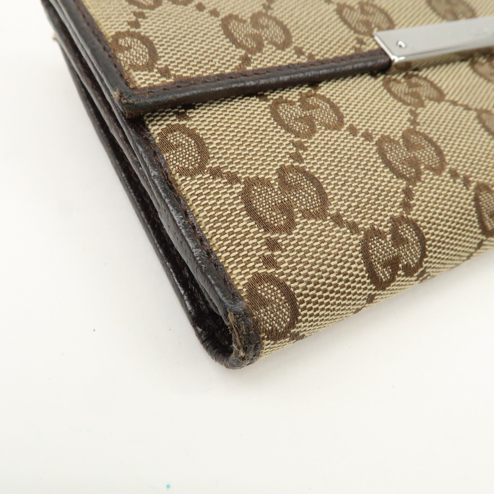 GUCCI GG Canvas Leather Bi-fold Long Wallet Dark Brown 112715 Used
