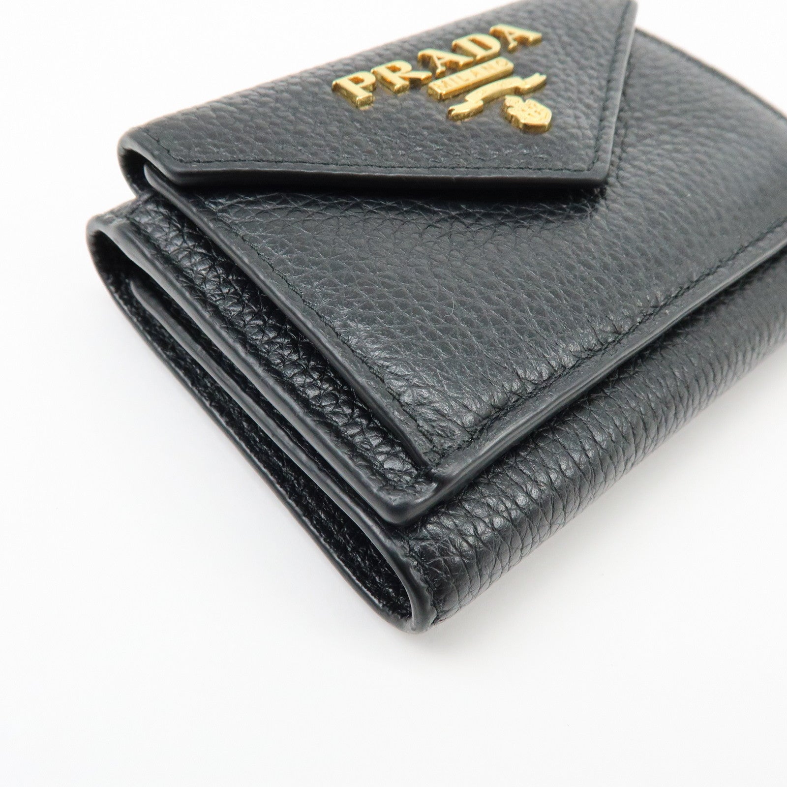 PRADA Logo Saffiano Leather Tri-fold Compact Wallet Black 1MH021
