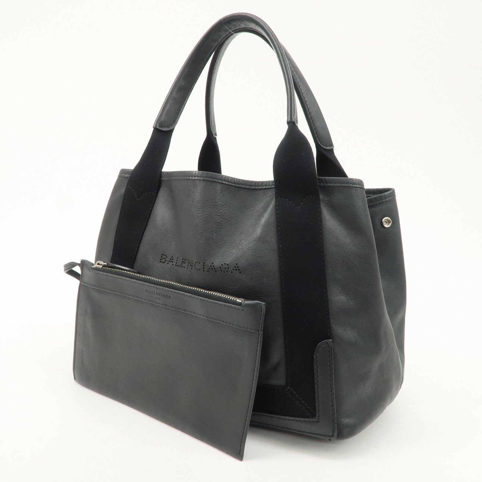BALENCIAGA Leather Navy Cabas S Tote Bag Hand Bag Black 339933 Used