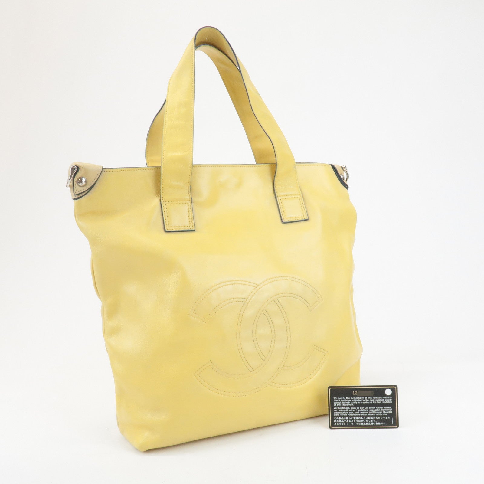 CHANEL COCO Mark Lamb Skin 2Way Bag Tote Bag Yellow Used