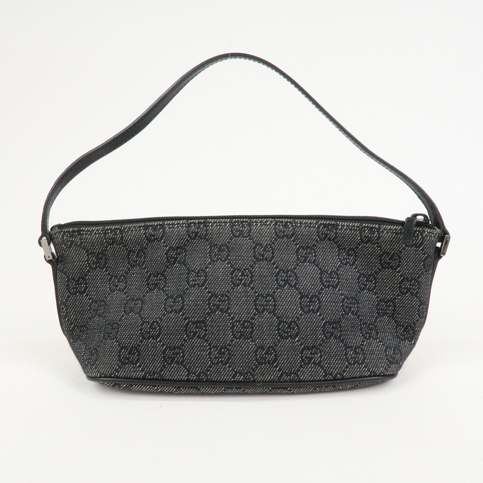 GUCCI Boat Bag Logo GG Canvas Leather Pouch Hand Bag Black 07198