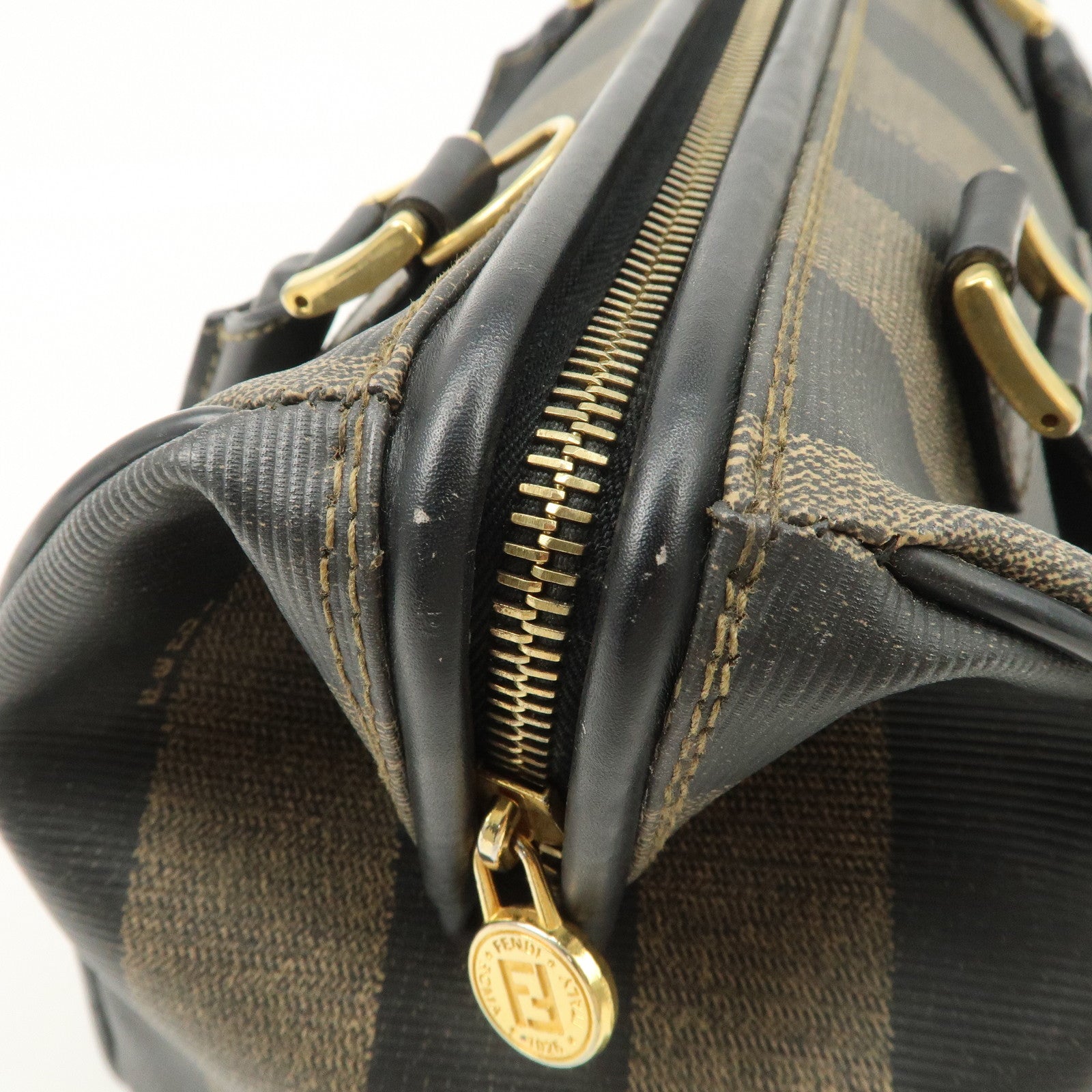 FENDI Pequin PVC Canvas Hand Bag Boston Bag Black Brown Used