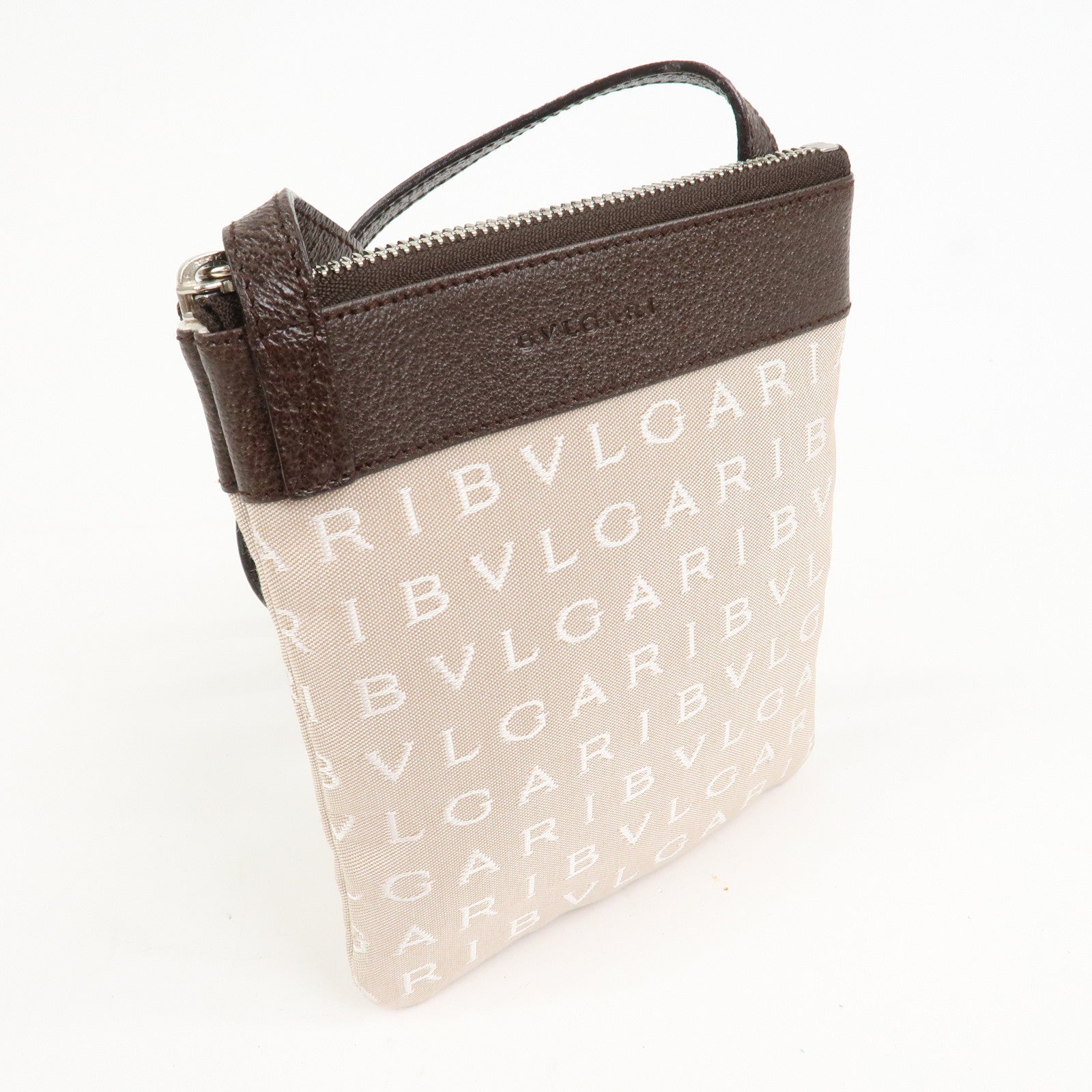 BVLGARI Logo Mania Canvas Leather Shoulder Bag Beige Brown 22588