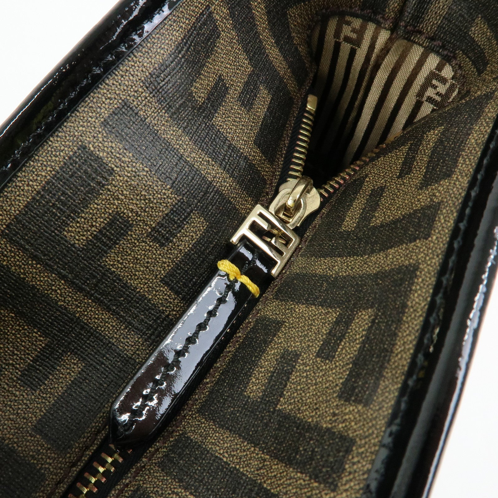 FENDI Zucca PVC Patent Leather Tote Bag Brown Black 8BH185