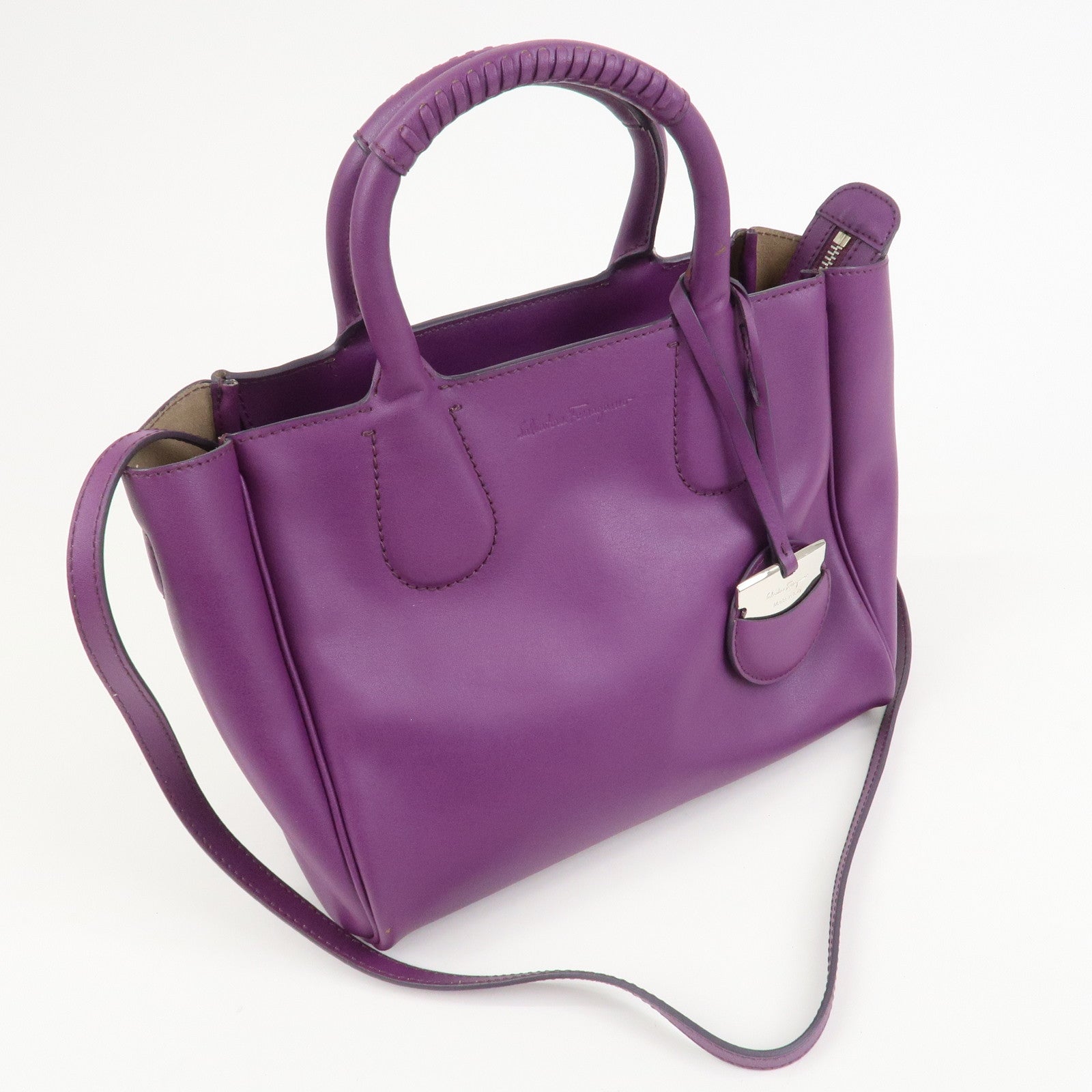 Ferragamo Leather 2Way Bag Hand Bag Shoulder Bag Tote Bag Purple