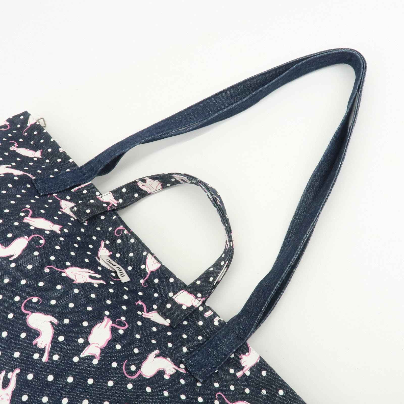 MIU MIU Cats & Dots Print Denim 2Way Tote Bag Blue