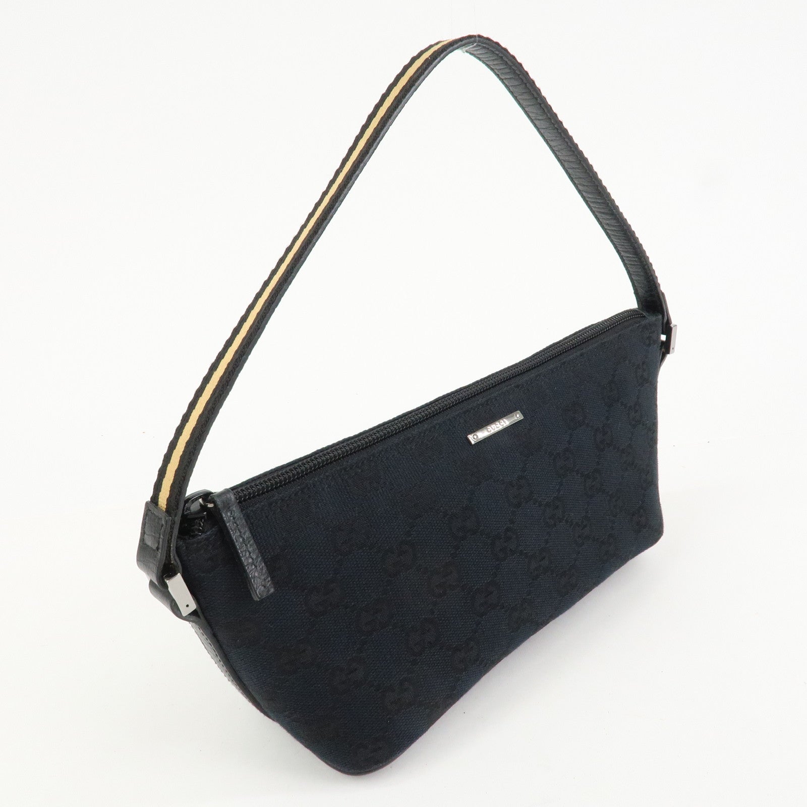 GUCCI Boat Bag Sherry GG Canvas Leather Hand Bag Black 141809