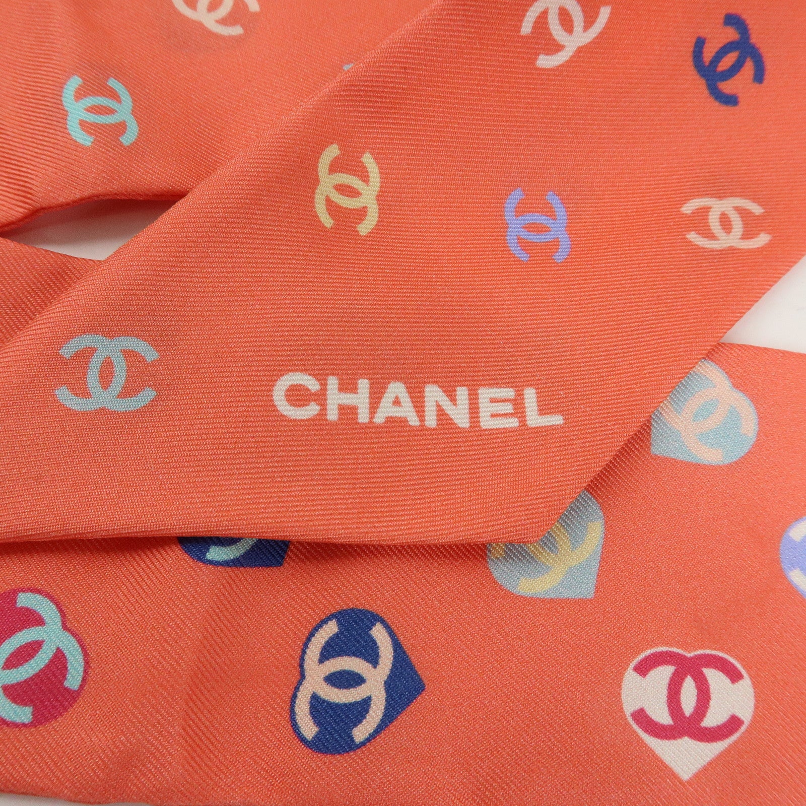 CHANEL Twilly Heart COCO Mark Silk 100% Scarf 6x118 Pink