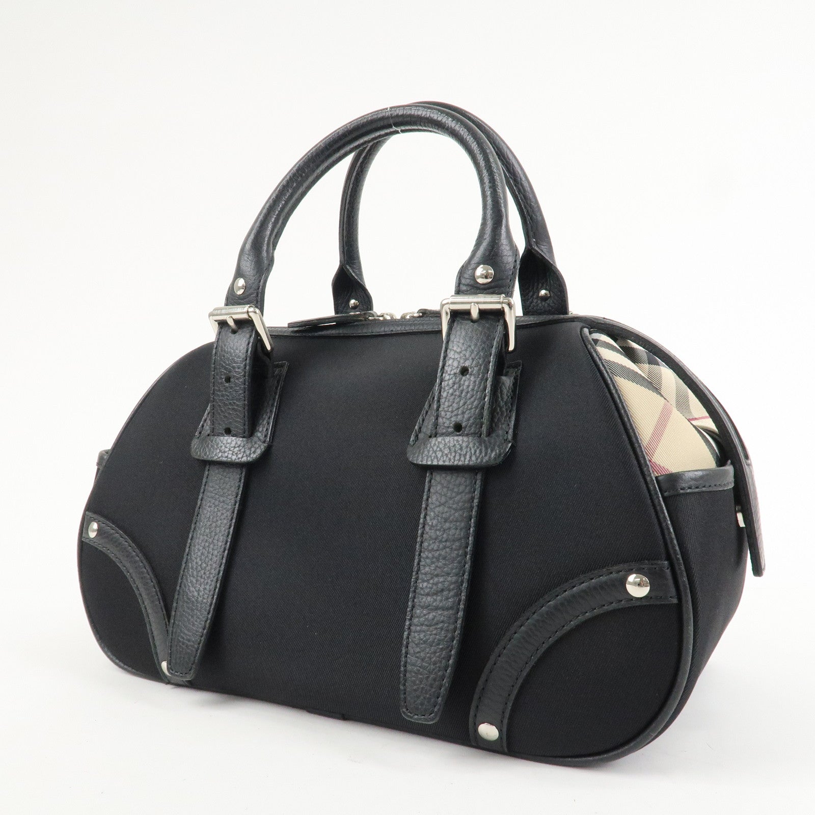 BURBERRY Canvas Leather Nova Plaid Boston Bag Black Beige Used
