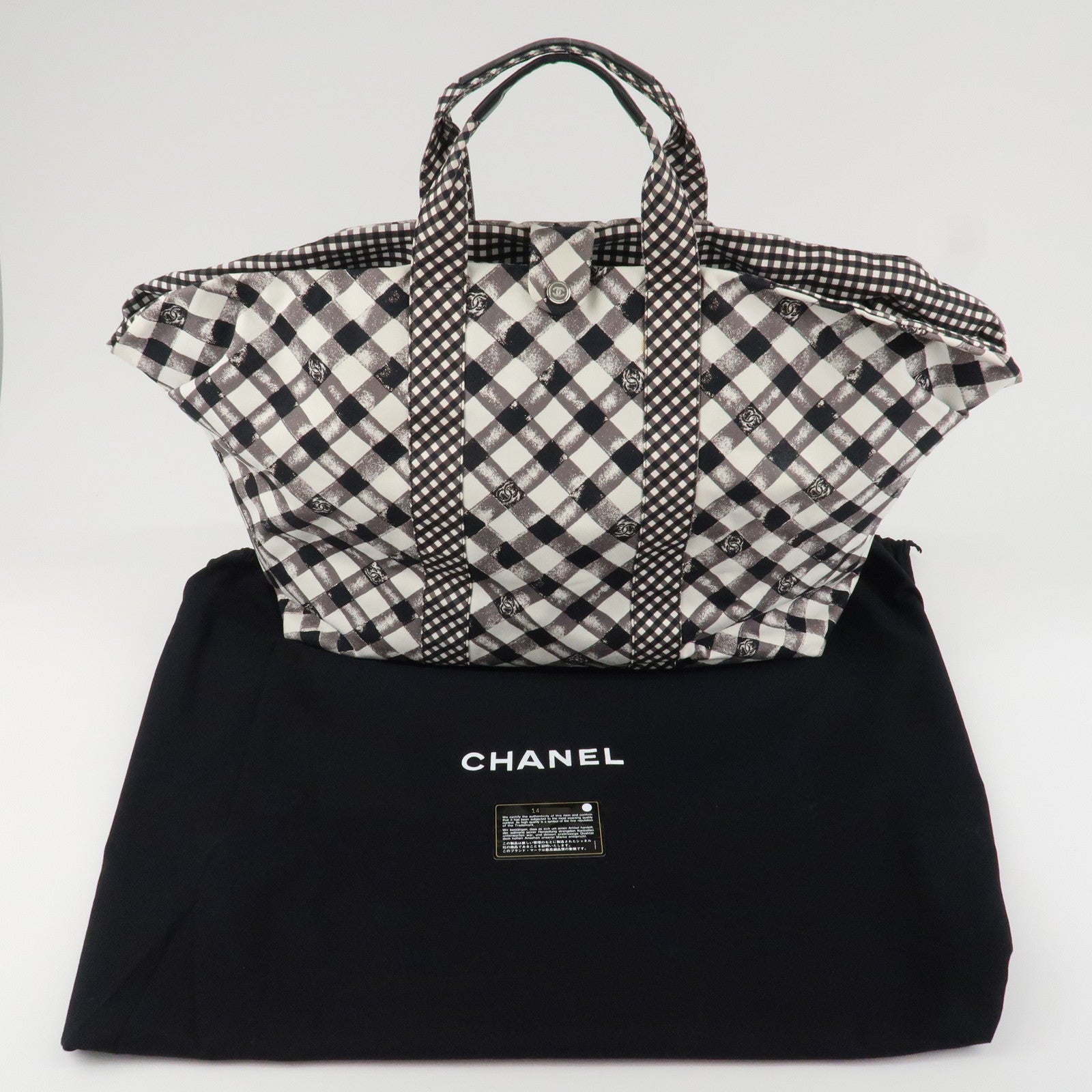 CHANEL Cruise Line COCO Mark Plaid Tote Bag Shoulder Black White Used