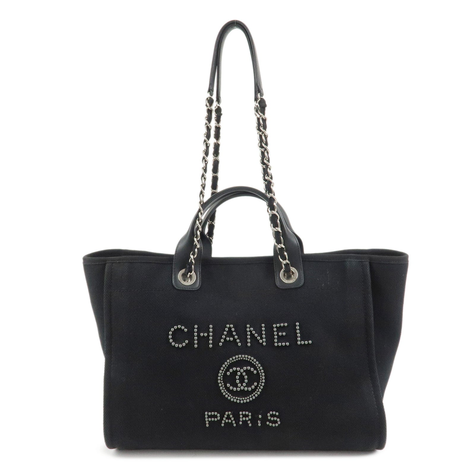 CHANEL Deauville GM Canvas Leather 2Way Tote Bag Black A66941