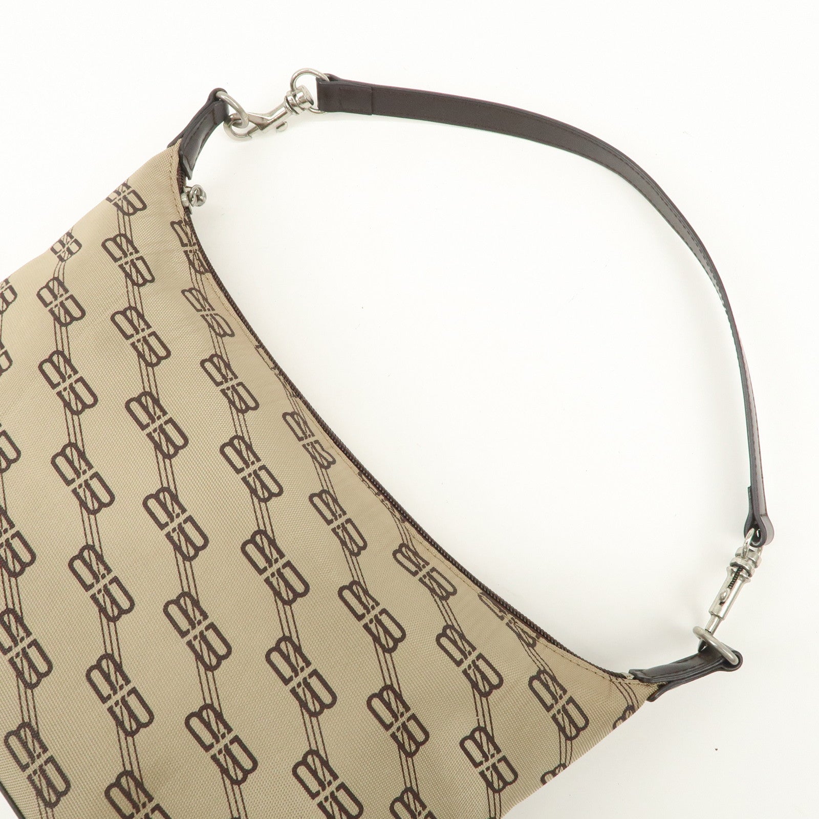 BALENCIAGA Leather Canvas Shoulder Bag Beige Brown